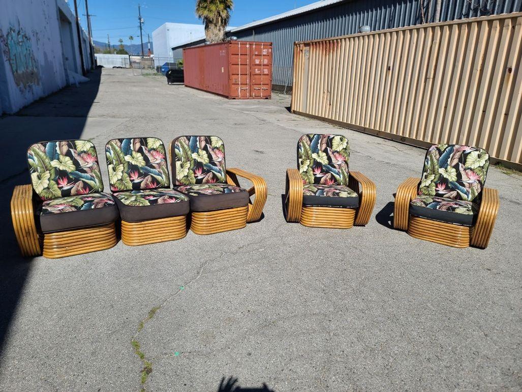 American Ficks Reed Restored 6-Strand Rattan Lounge Chair, Sofa Livingroom Set For Sale