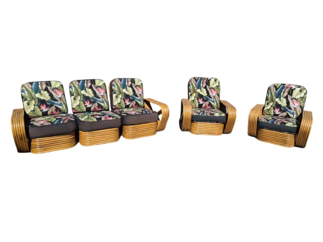 Metà XX secolo Sedia da salotto in rattan Pretzel quadrata restaurata a 6 fili, set di divani per il soggiorno in vendita
