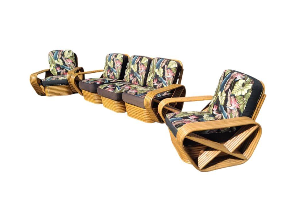 Rattan Sedia da salotto in rattan Pretzel quadrata restaurata a 6 fili, set di divani per il soggiorno in vendita