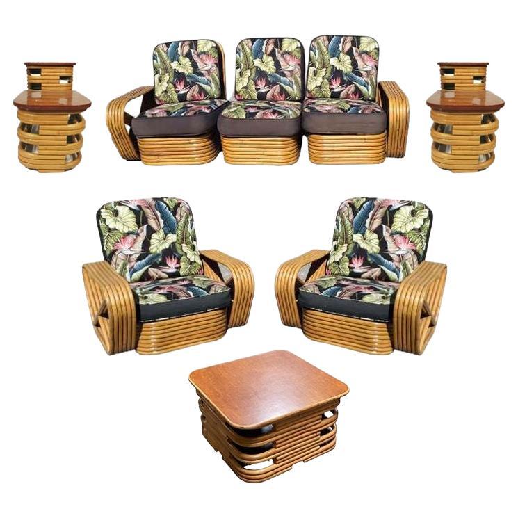 Ficks Reed Restaurierter 6-strangiger Rattan-Loungesessel, Sofa-Wohnzimmer-Set