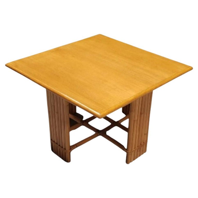 Restored 7 Strand Rattan Crossed Legs Square Coffee Table For Sale at