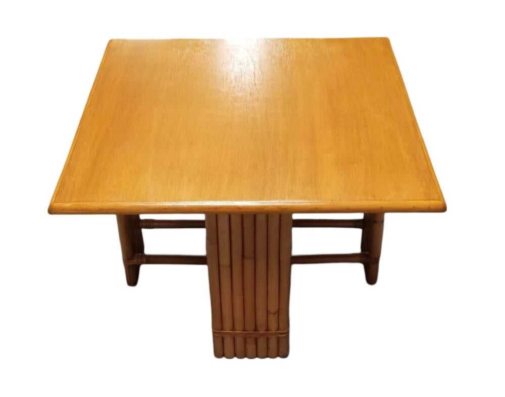 Restored 7 Strand Rattan Crossed Legs Square Coffee Table w/ Mahogany Top In Excellent Condition For Sale In Van Nuys, CA
