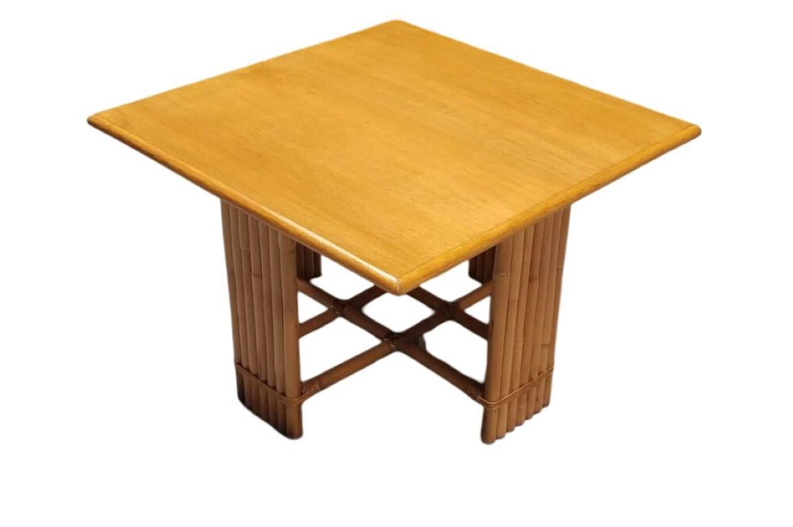 Mid-20th Century Restored 7 Strand Rattan Crossed Legs Square Coffee Table w/ Mahogany Top For Sale