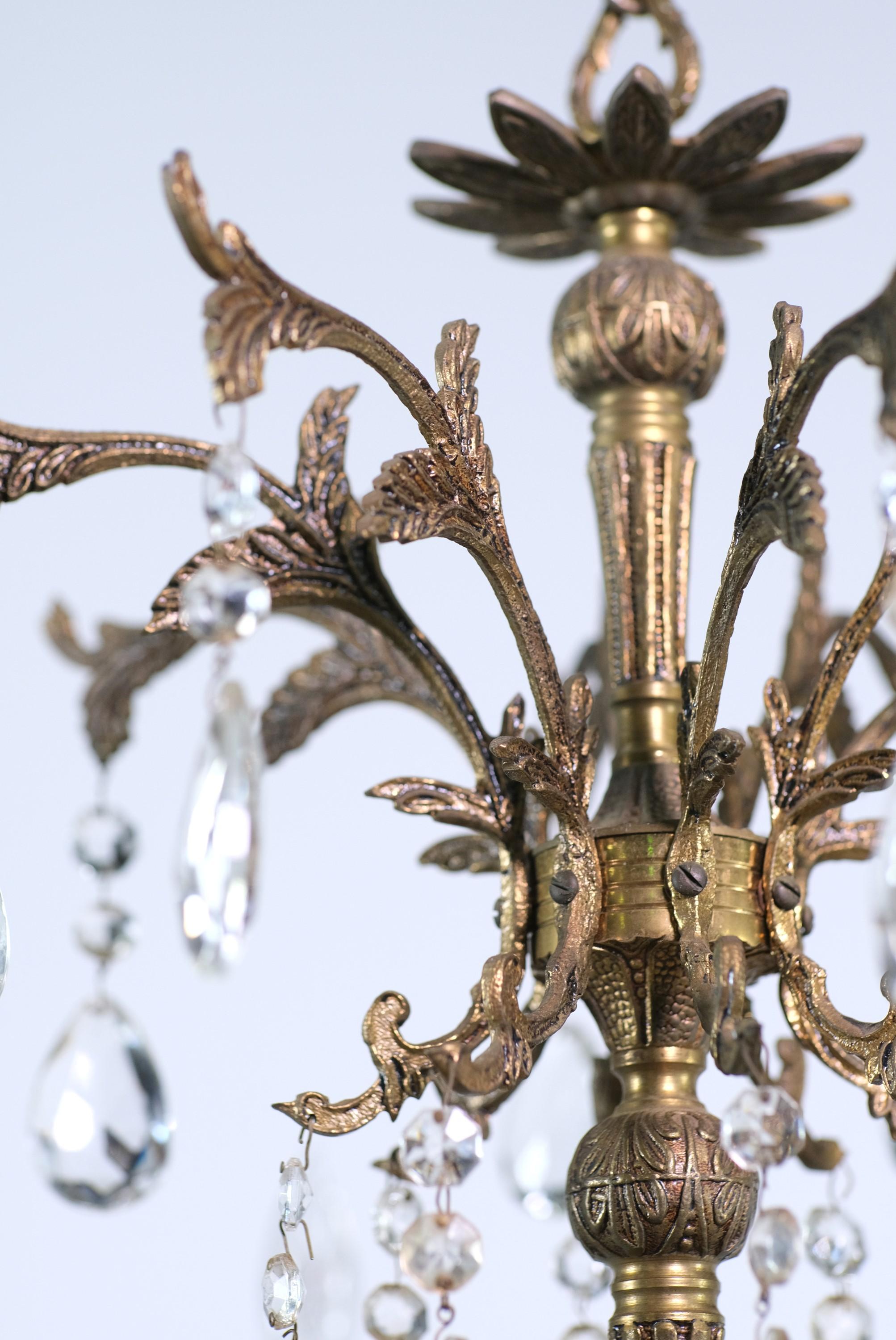 European Restored 8 Arm Bronze Small Chandelier Dripping Crystals For Sale