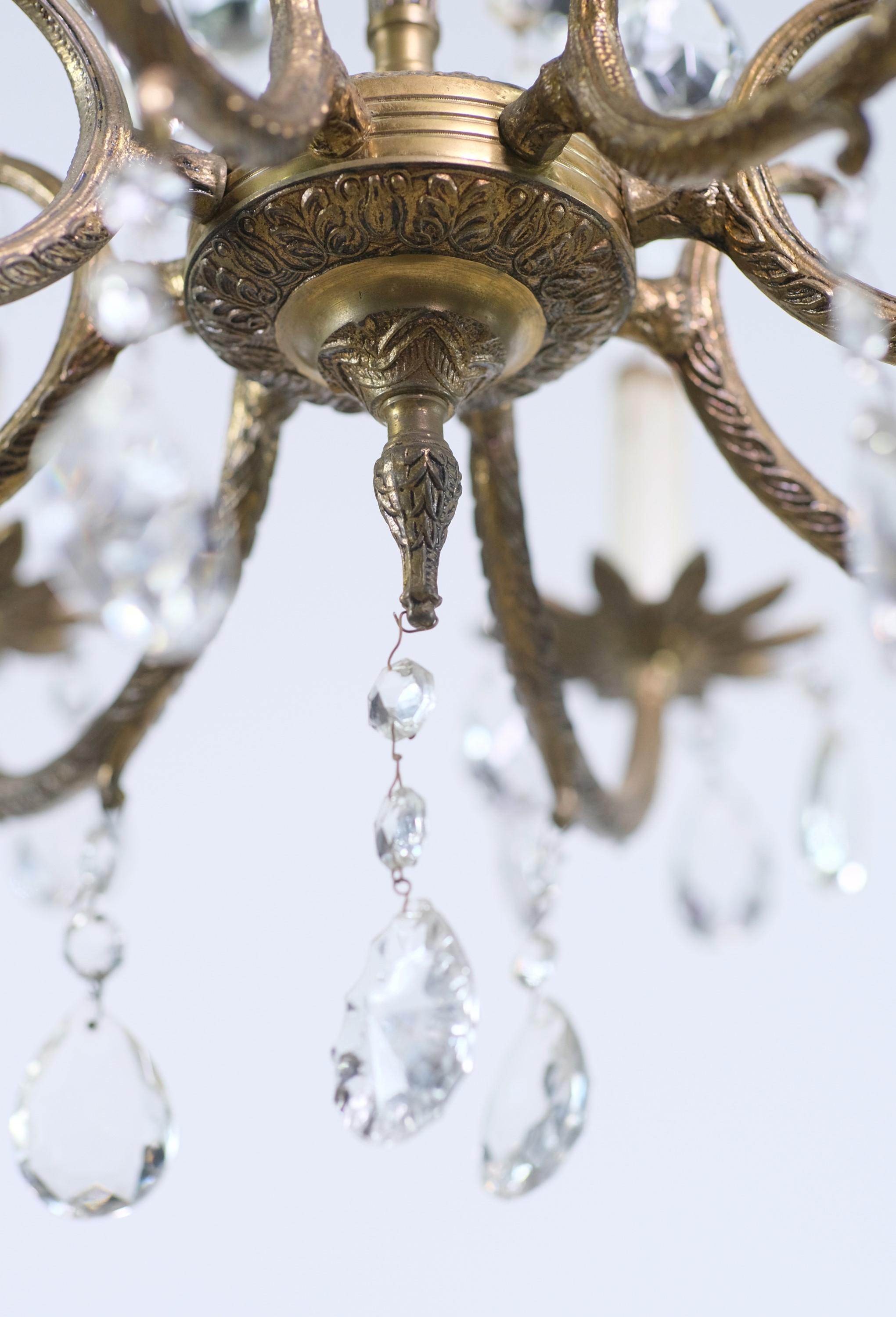Restored 8 Arm Bronze Small Chandelier Dripping Crystals In Good Condition For Sale In New York, NY