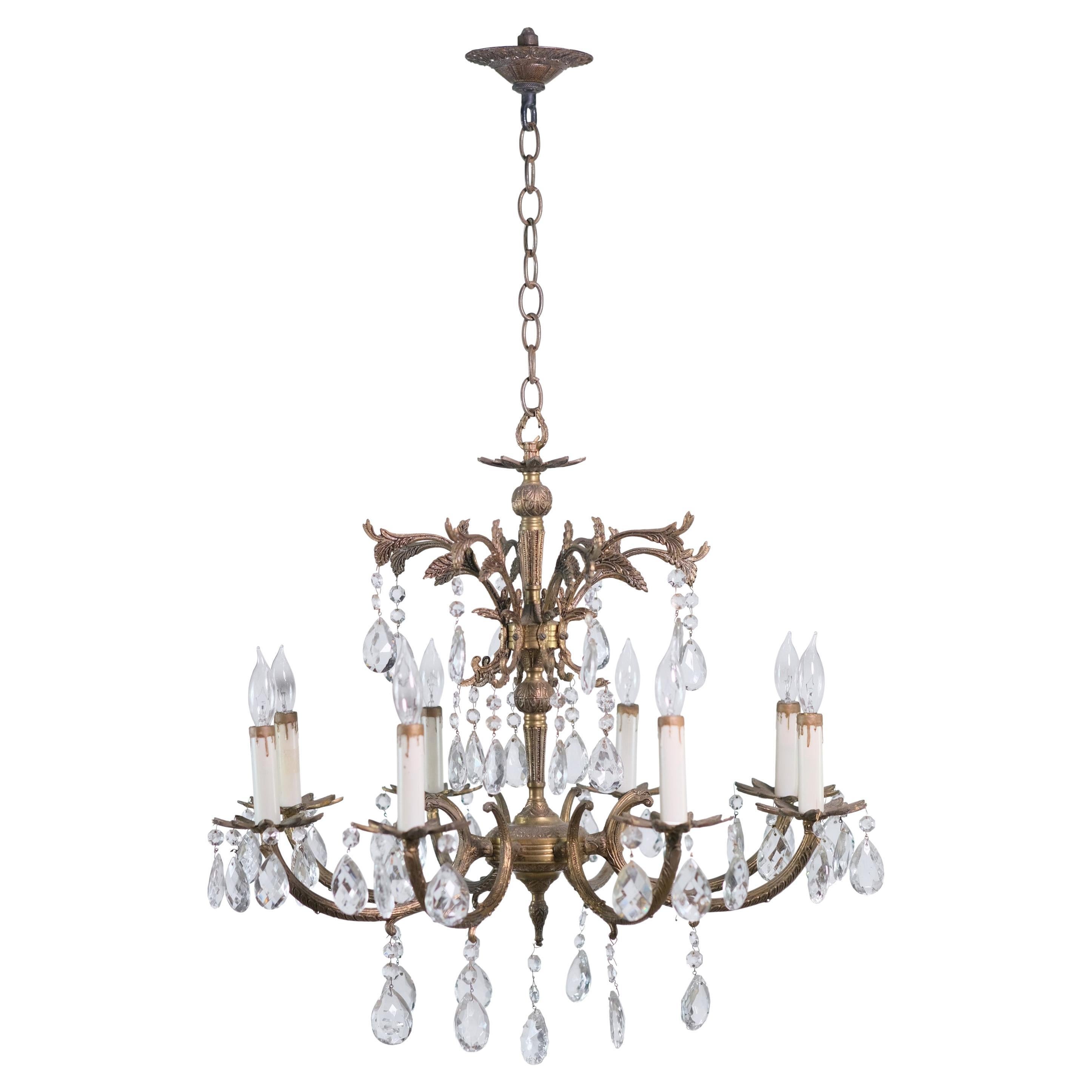 Restored 8 Arm Bronze Small Chandelier Dripping Crystals For Sale