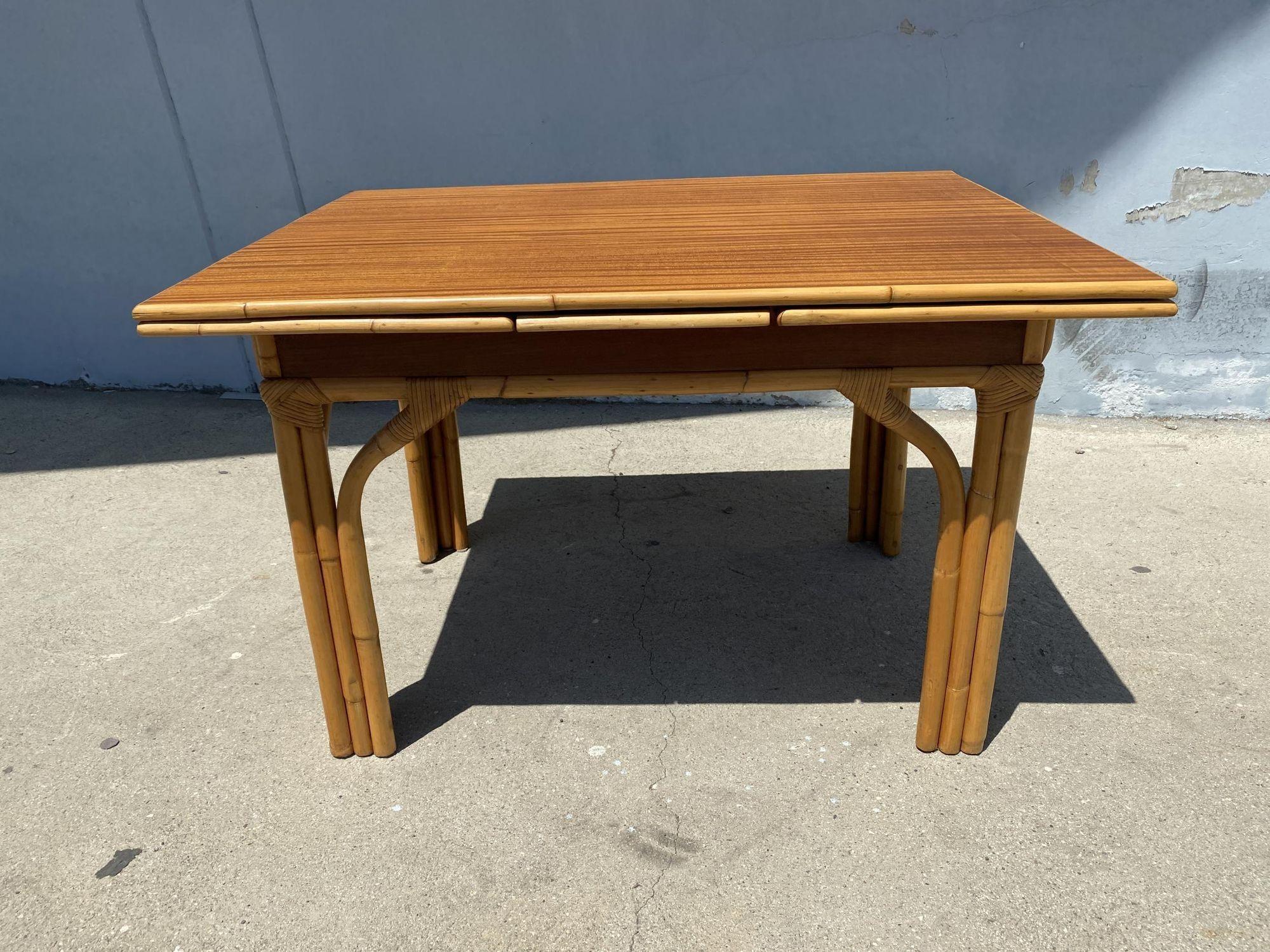 Mid-Century Modern Restored 8 Person Convertible Rattan and Mahogany Dining Table
