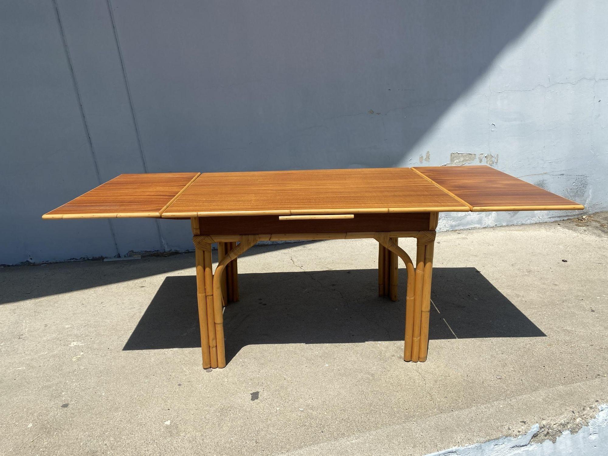 Mid-20th Century Restored 8 Person Convertible Rattan and Mahogany Dining Table For Sale