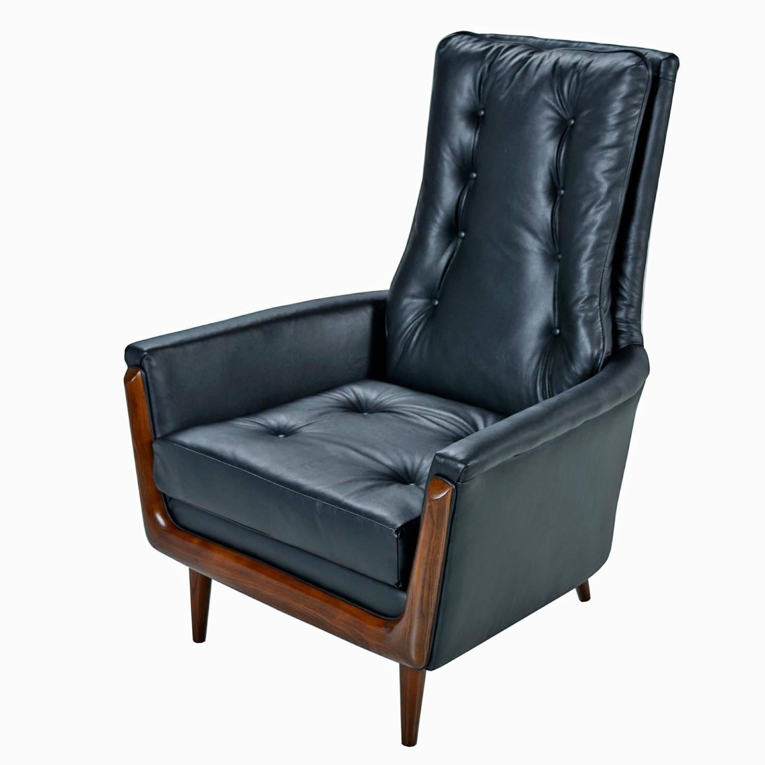 Scandinavian Modern Restored Adrian Pearsall Style Black Leather High Back Tufted Lounge Chair