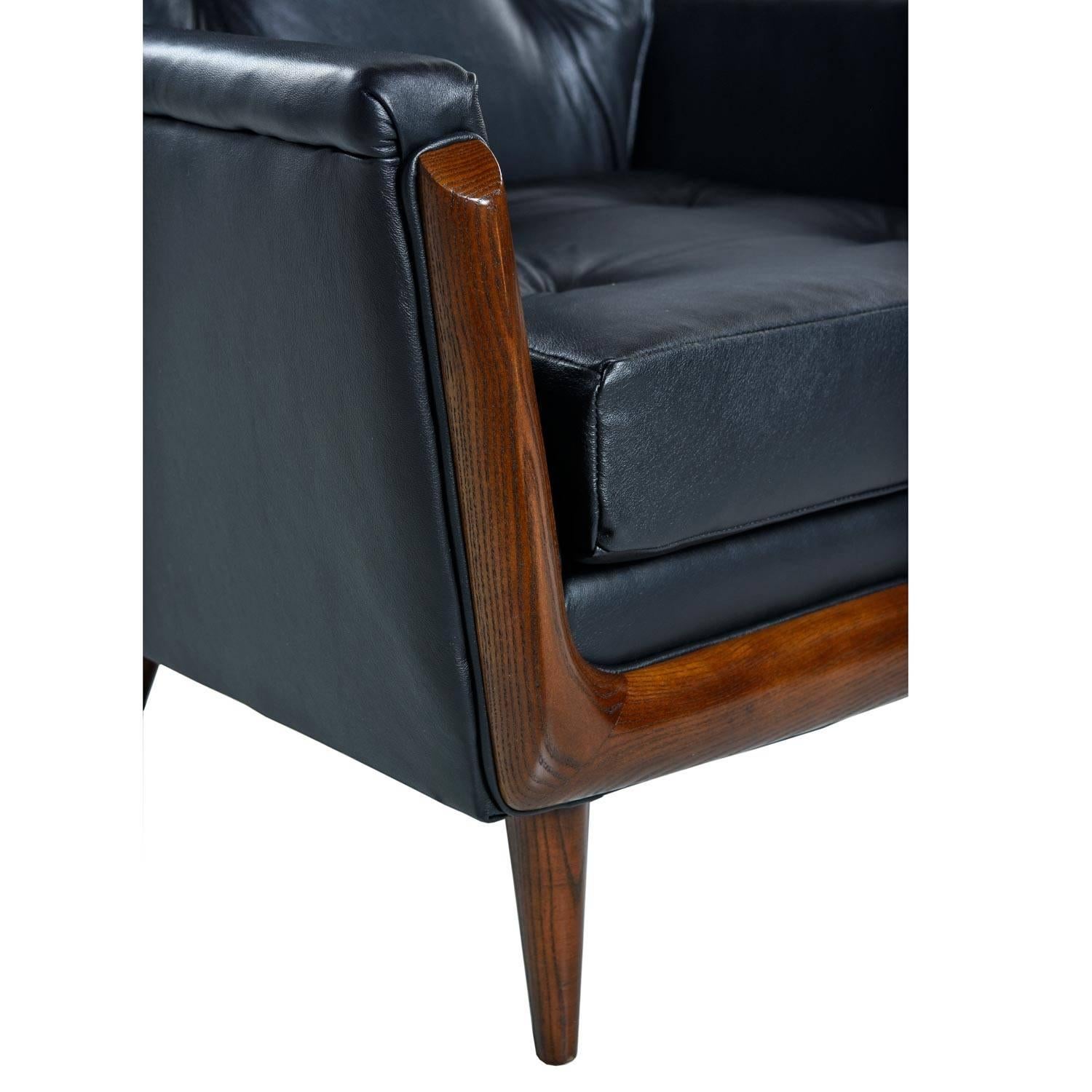 Restored Adrian Pearsall Style Black Leather High Back Tufted Lounge Chair In Excellent Condition In Chattanooga, TN