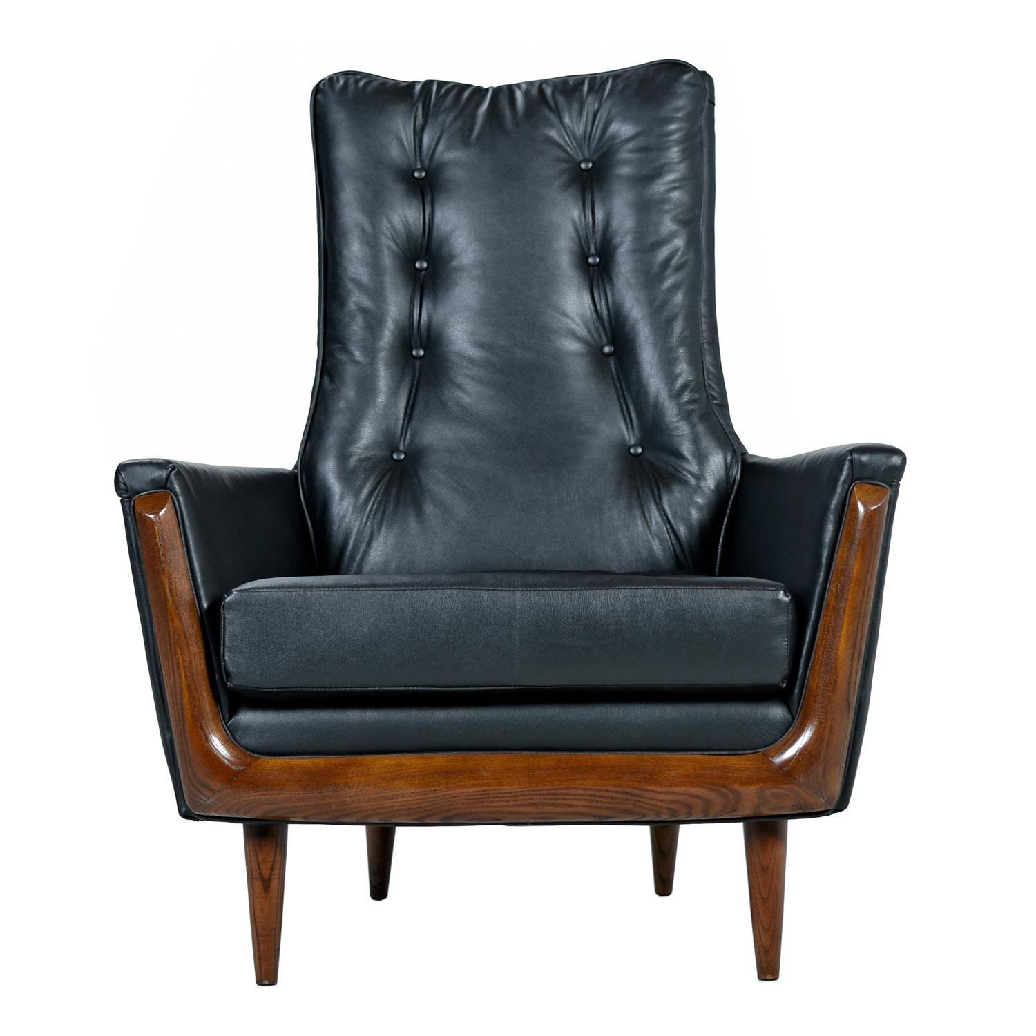 Restored Adrian Pearsall Style Black Leather High Back Tufted Lounge Chair