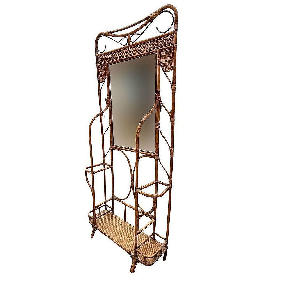 Restaurierte Aesthetic Movement Bamboo& Grassmat Halle Baum W Spiegel & Umbrella Stand (amerikanisch) im Angebot