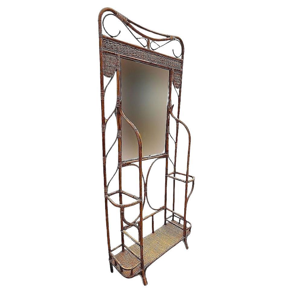Restored Aesthetic Movement Bamboo& Grassmat Hall Tree W Mirror & Umbrella Stand