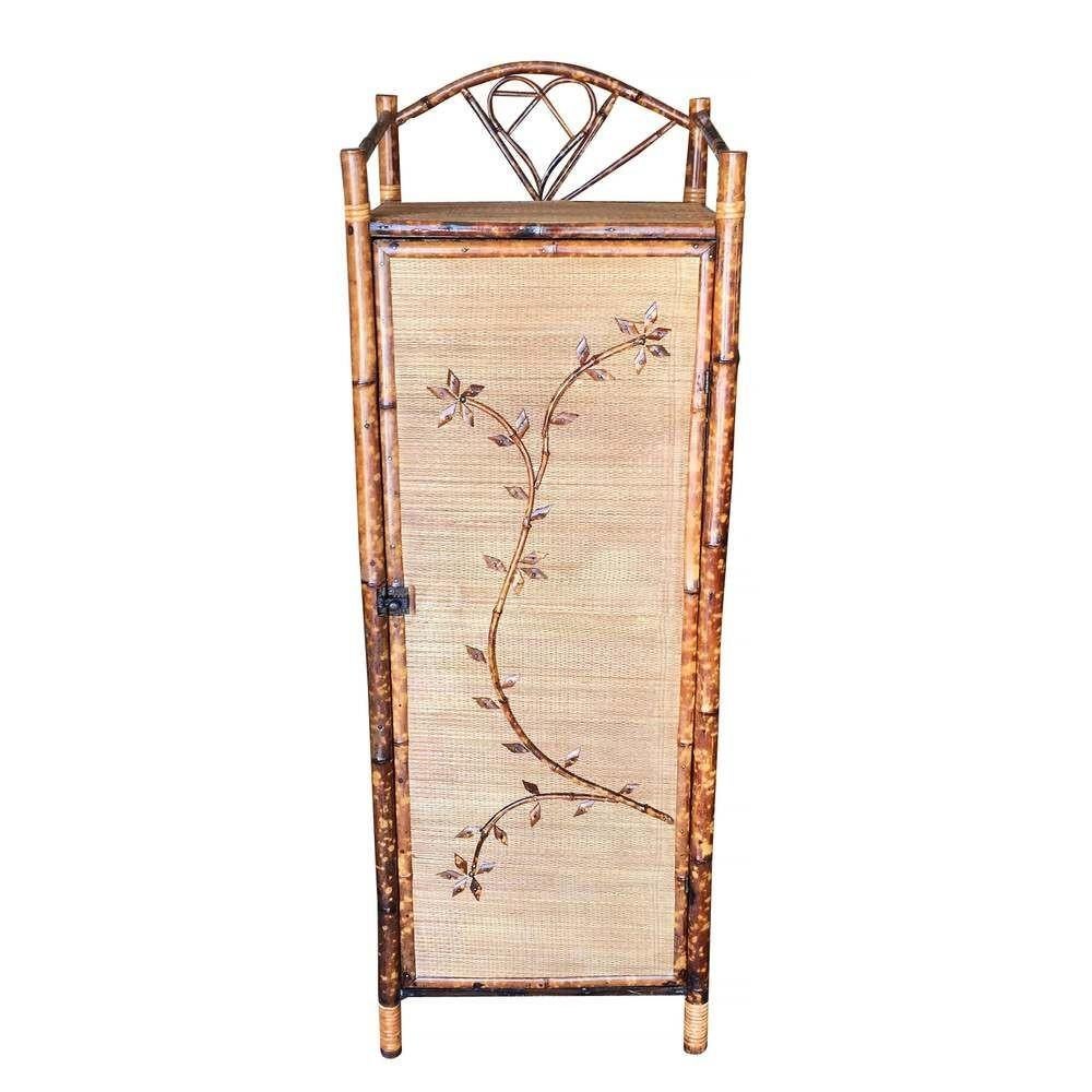 Antique single-door tiger bamboo linen cabinet with a Floral pattern along the front. There are rice mat covering and four shelves inside.
Restored to new for you.
We only purchase and sell only the best and finest rattan furniture made by the best