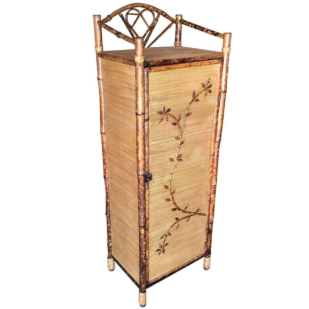 American Restored Aesthetic Movement Tiger Tortoise Bamboo Floral Linen Cabinet