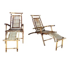 Restored Aesthetic Movement Tiger Bamboo Garden/Patio Fold Lounge Recliner, Pair