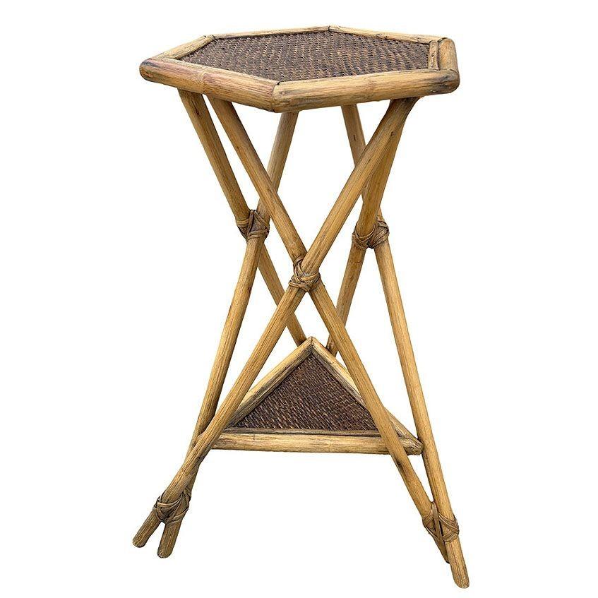 Late Victorian Hexagon tiger bamboo side table with intricate embossed Paisley block pattern octagonal tabletop. The table features a tiger bamboo frame with a secondary bottom shelf, usually used for a potted plant or books. Bamboo furniture from