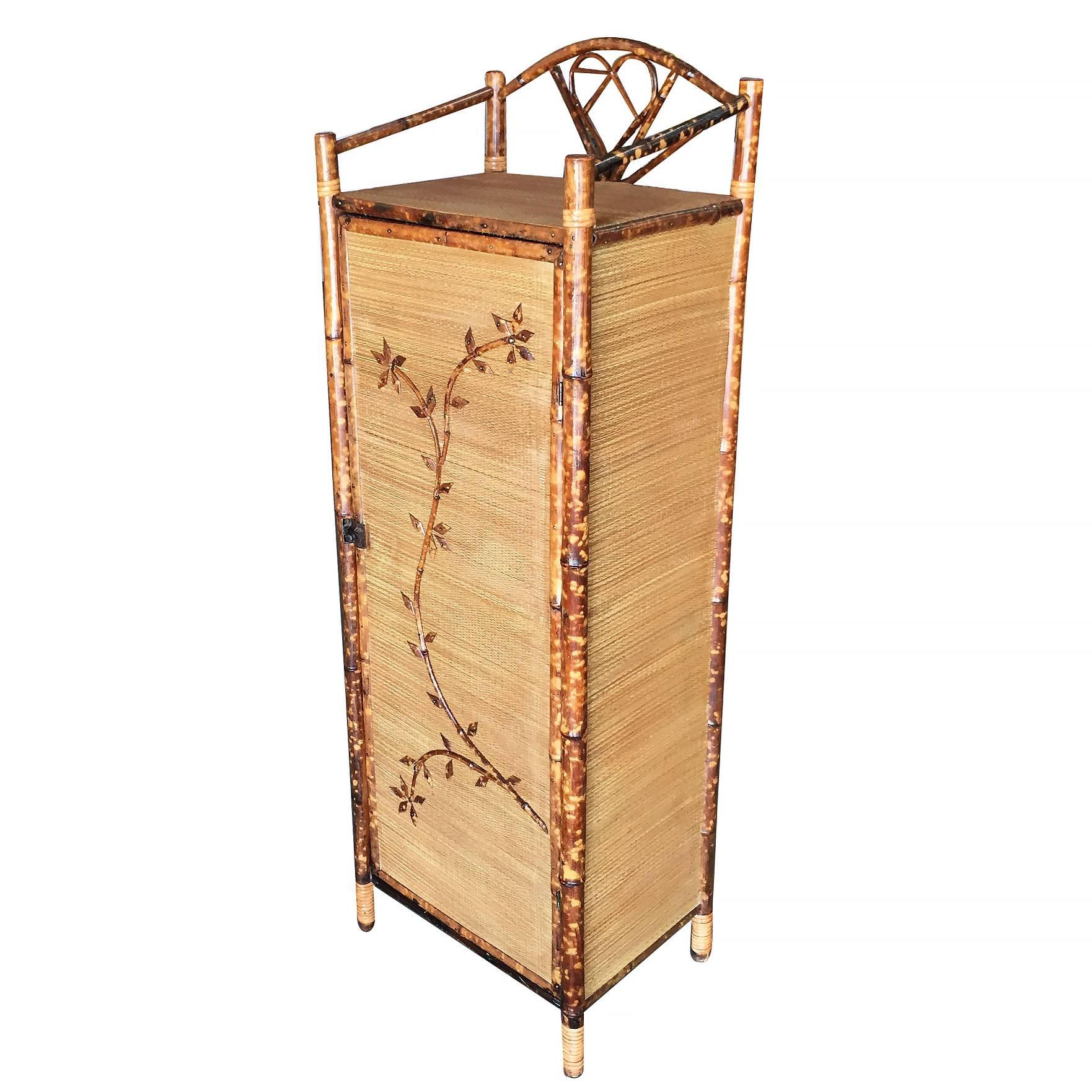 Late Victorian Restored Aesthetic Movement Tiger Bamboo Linen Cabinet with Rice Mat Covering