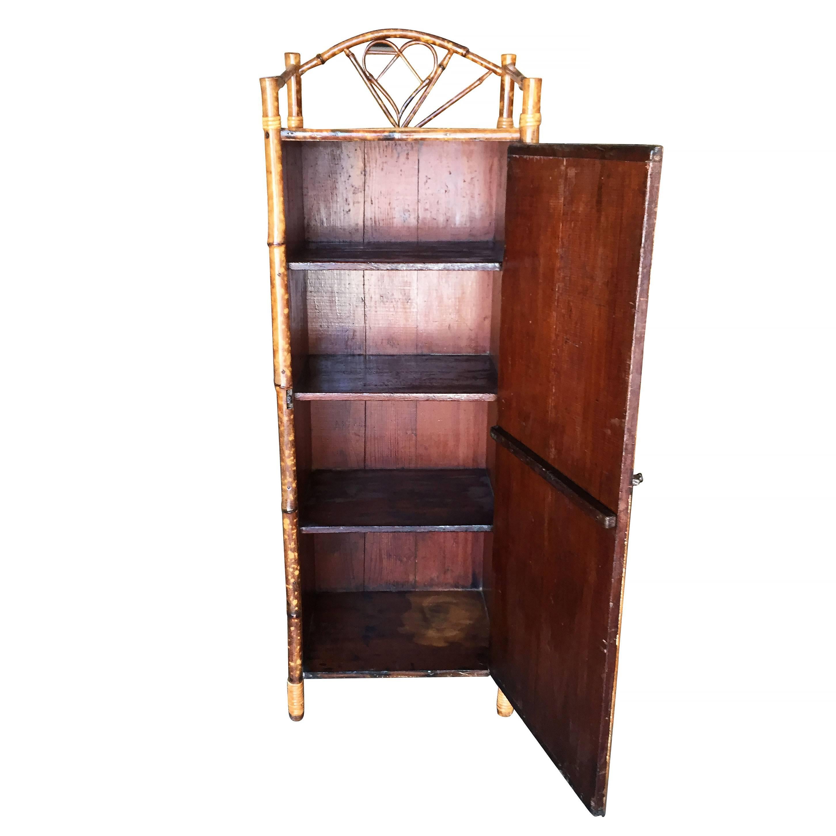 Early 20th Century Restored Aesthetic Movement Tiger Bamboo Linen Cabinet with Rice Mat Covering