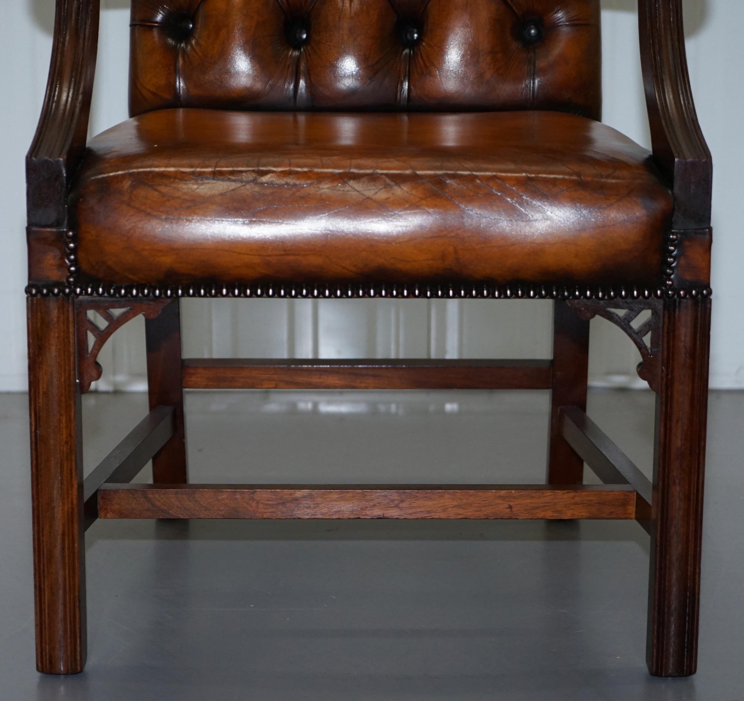 Restored Aged Brown Leather Thomas Chippendale Gainsborough Carver Armchair 6