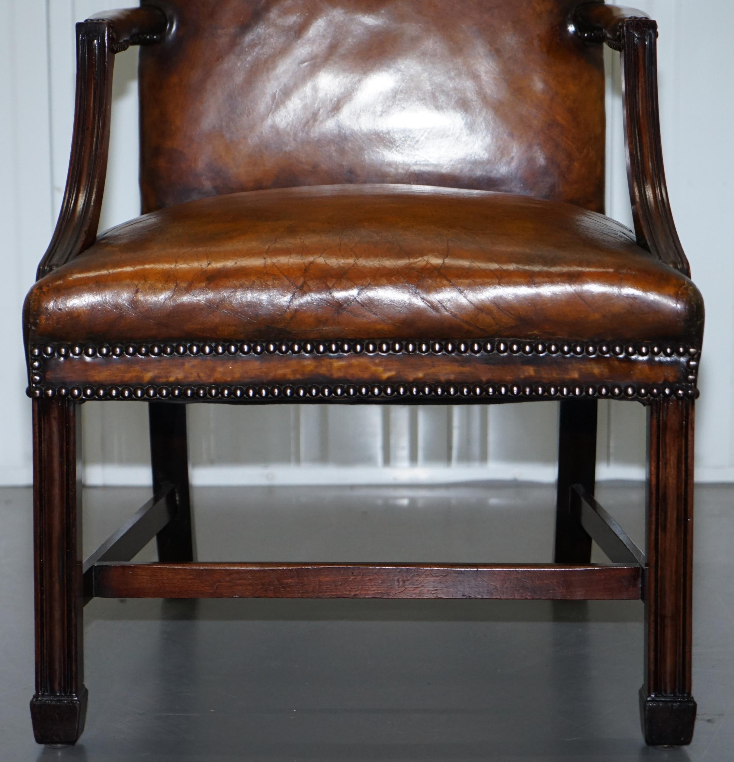 Restored Aged Brown Leather Thomas Chippendale Gainsborough Carver Armchair 7