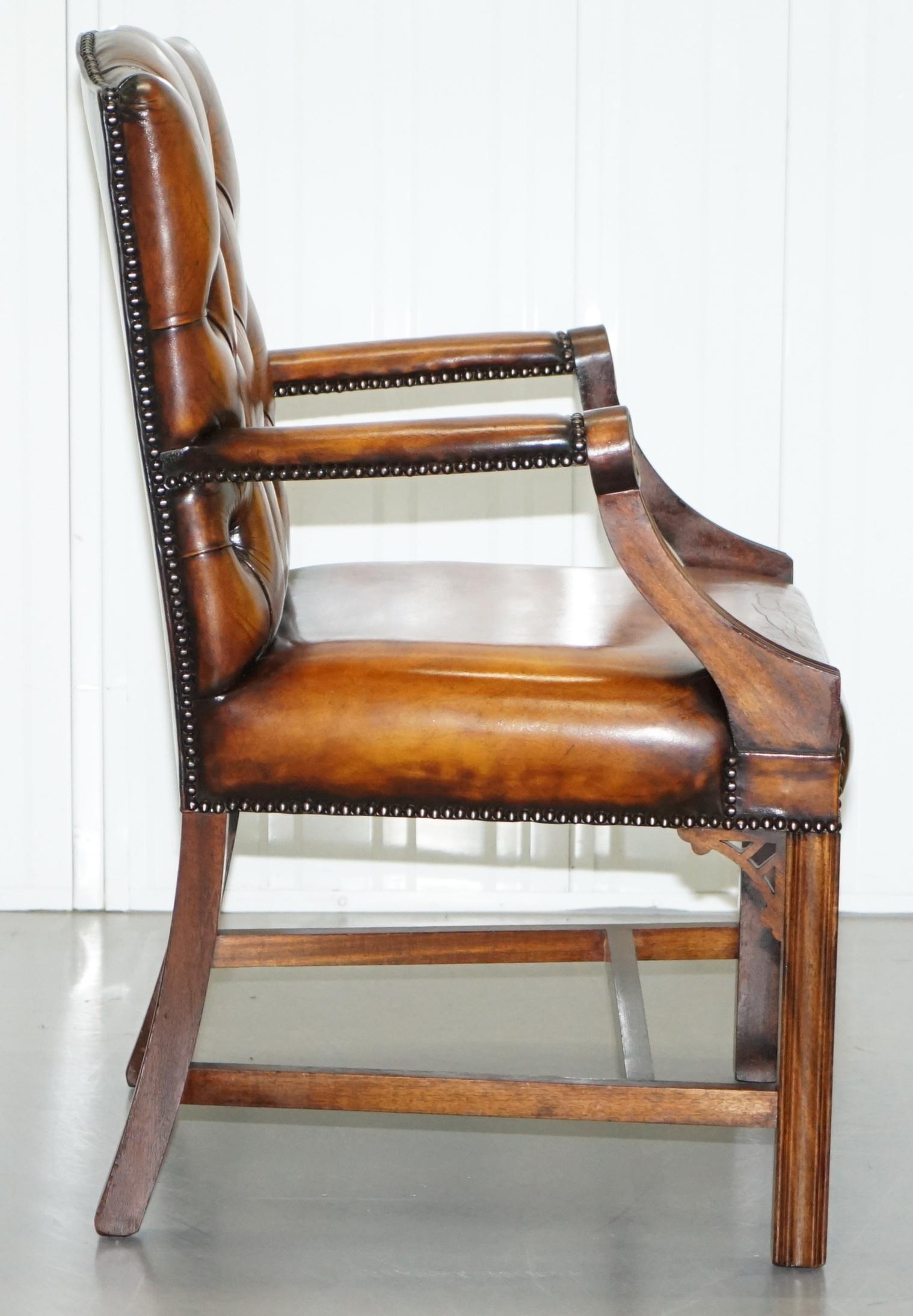 Restored Aged Brown Leather Thomas Chippendale Gainsborough Carver Armchair 8