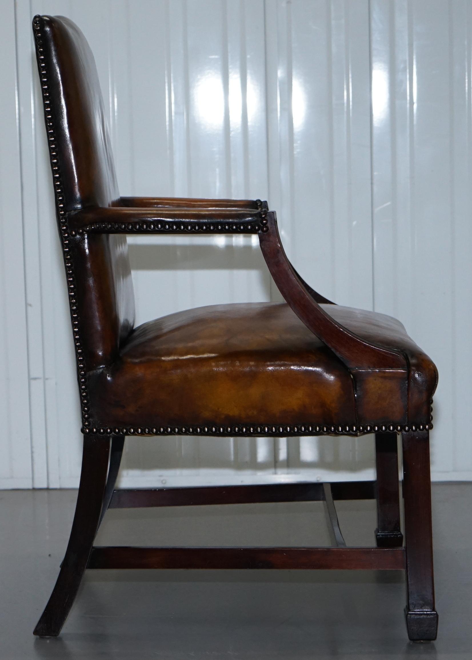 Restored Aged Brown Leather Thomas Chippendale Gainsborough Carver Armchair 9