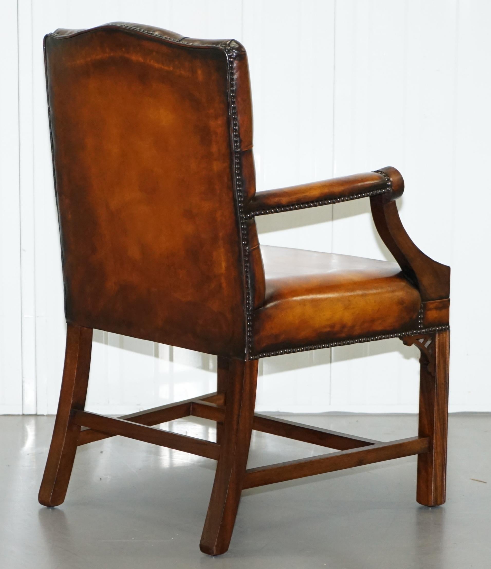 Restored Aged Brown Leather Thomas Chippendale Gainsborough Carver Armchair 9
