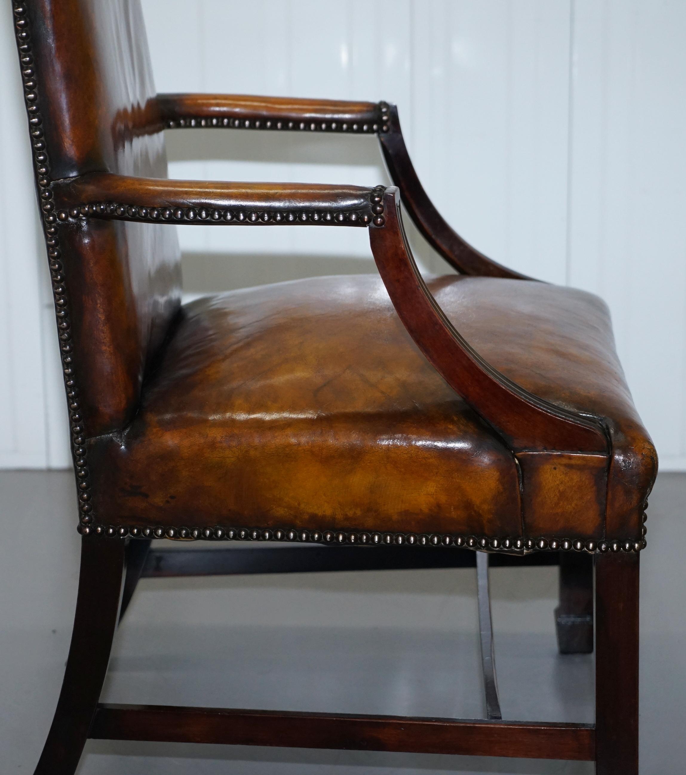 Restored Aged Brown Leather Thomas Chippendale Gainsborough Carver Armchair 10