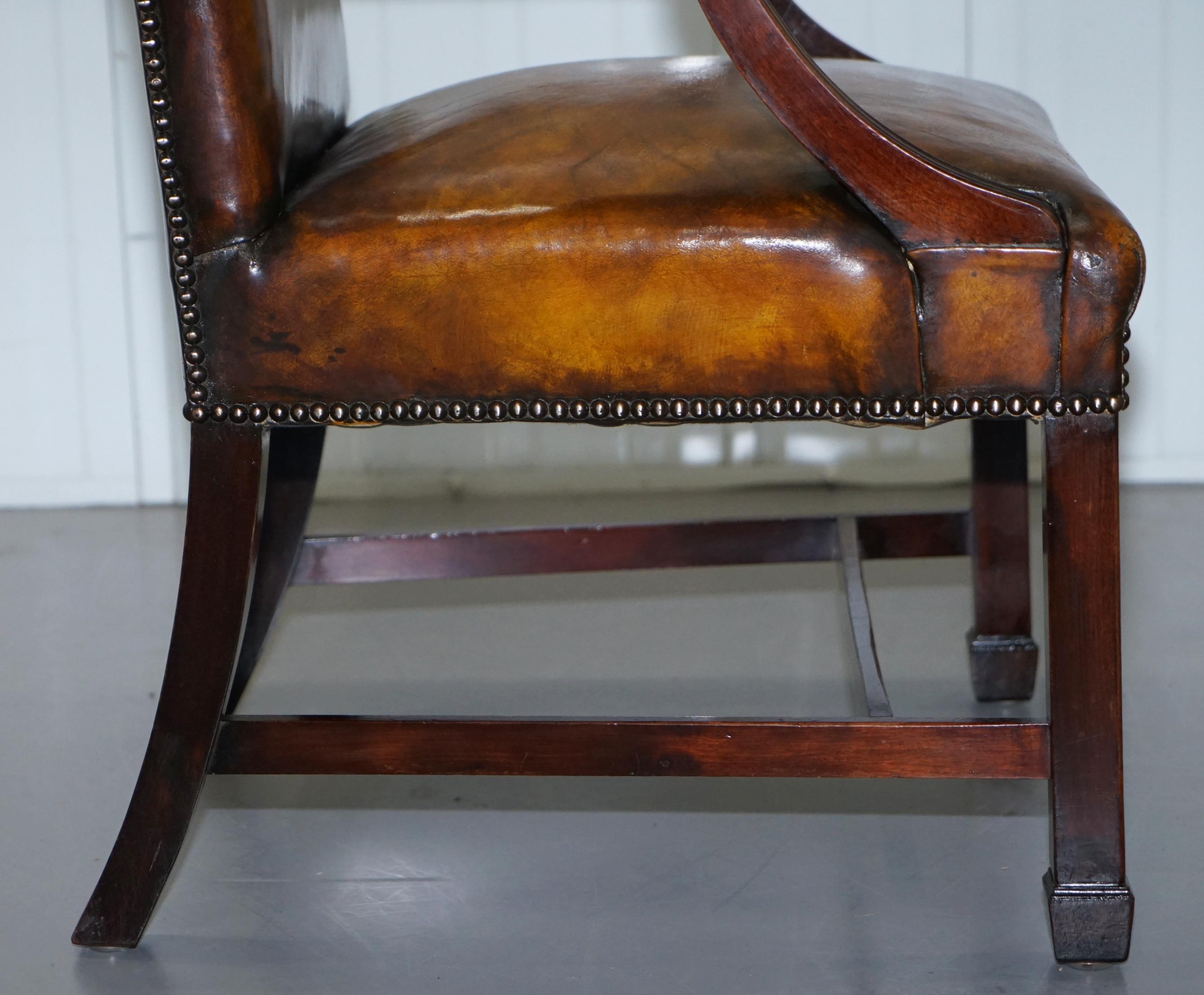 Restored Aged Brown Leather Thomas Chippendale Gainsborough Carver Armchair 11