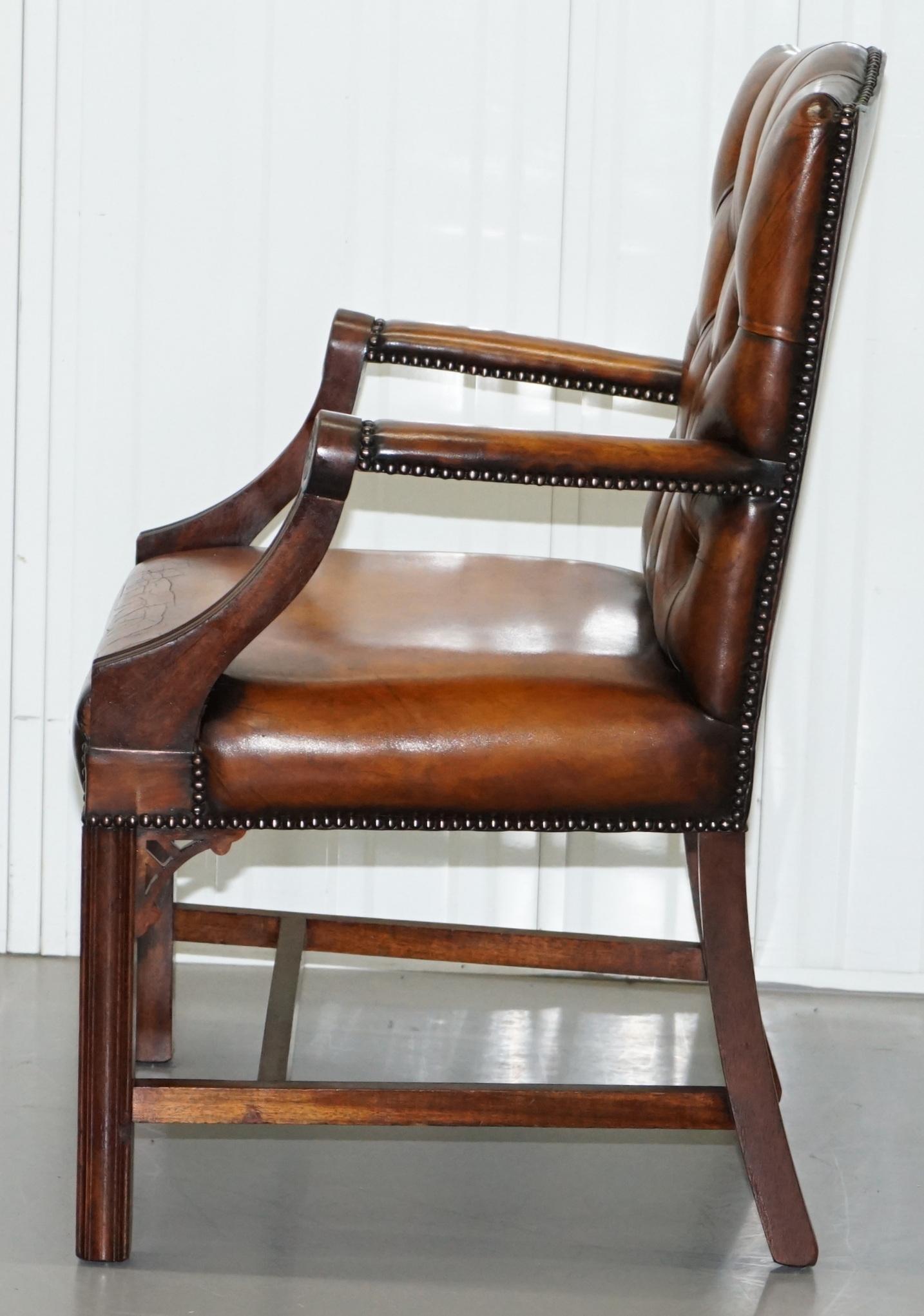 Restored Aged Brown Leather Thomas Chippendale Gainsborough Carver Armchair 11