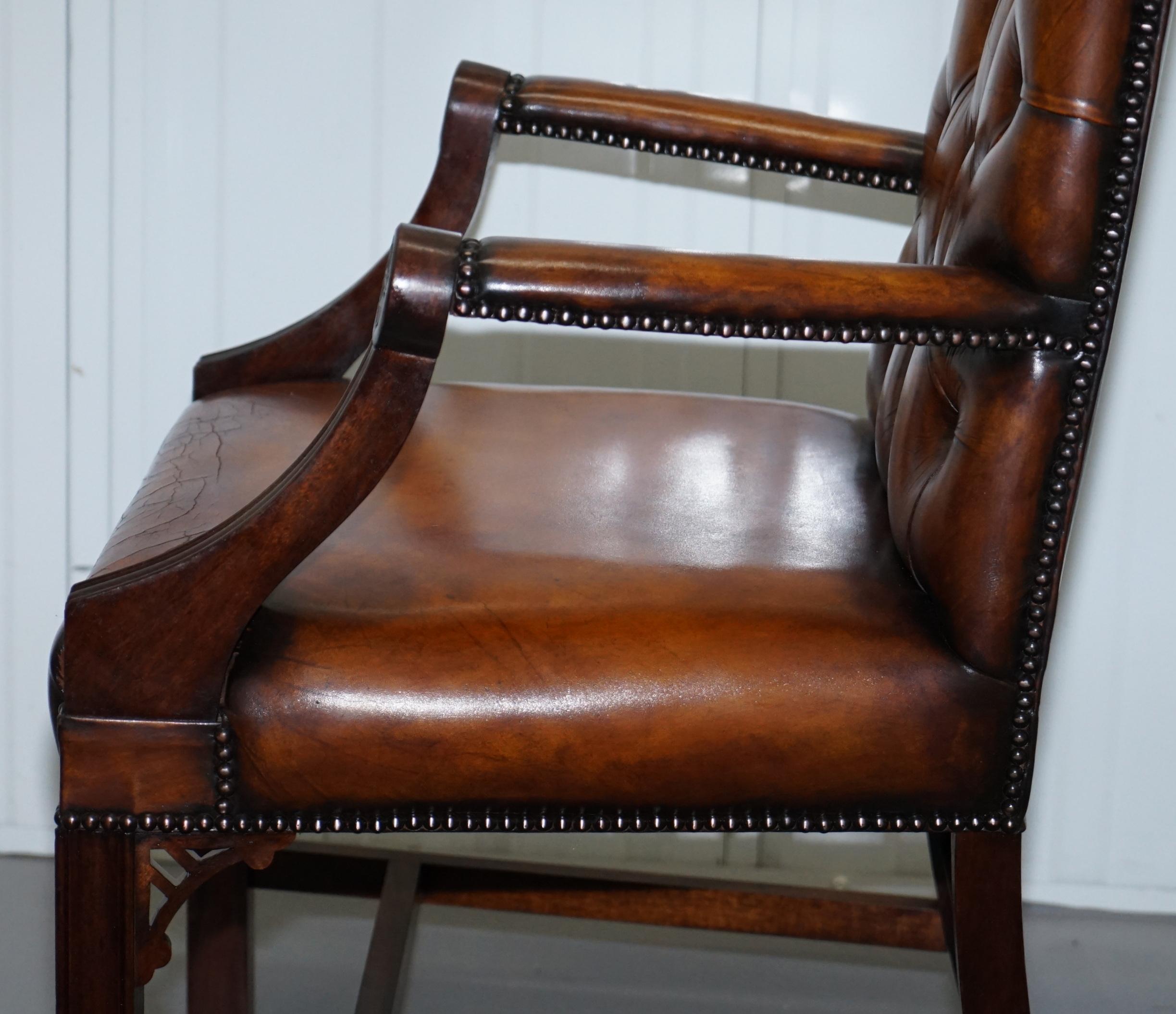 Restored Aged Brown Leather Thomas Chippendale Gainsborough Carver Armchair 12