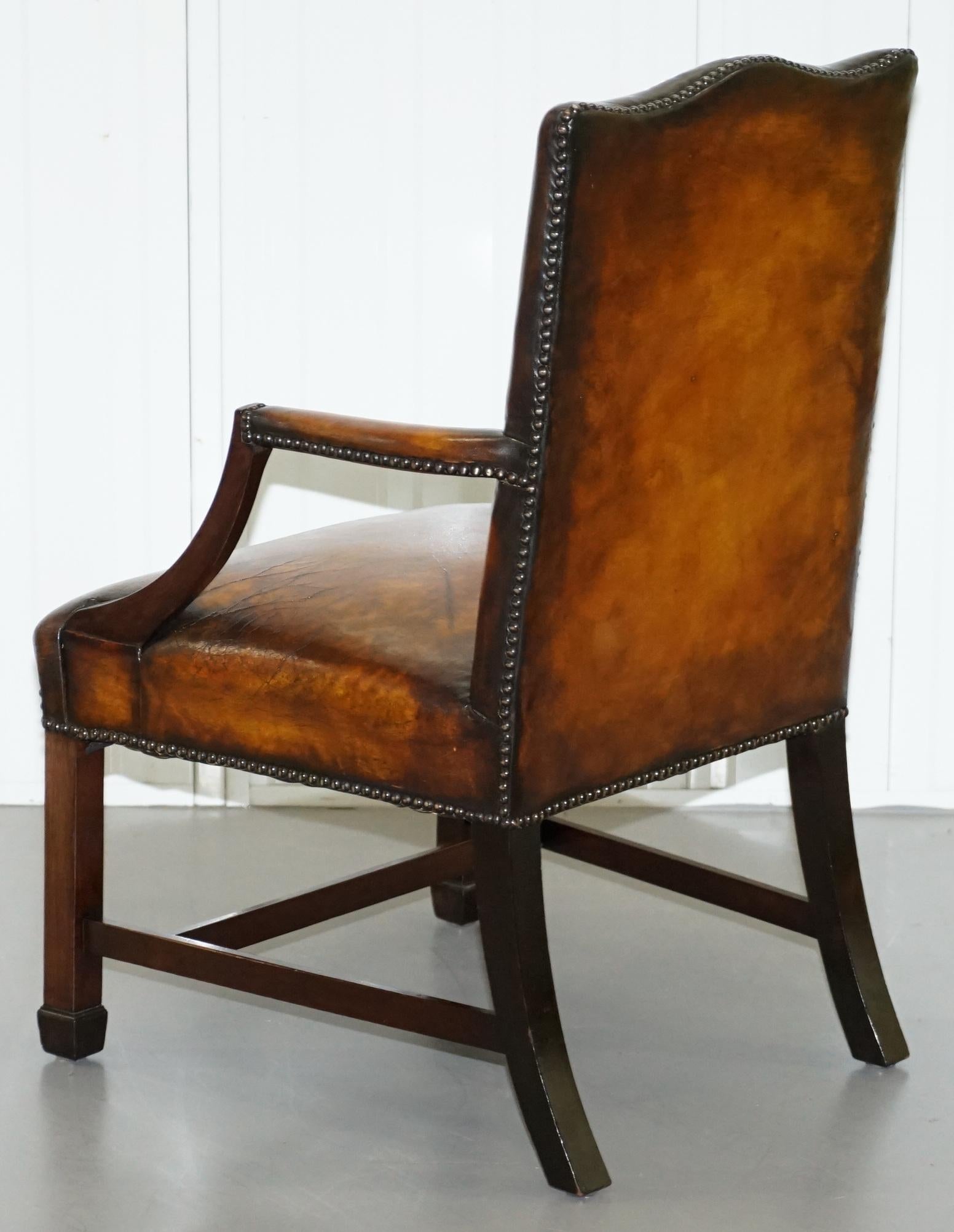 Restored Aged Brown Leather Thomas Chippendale Gainsborough Carver Armchair 13