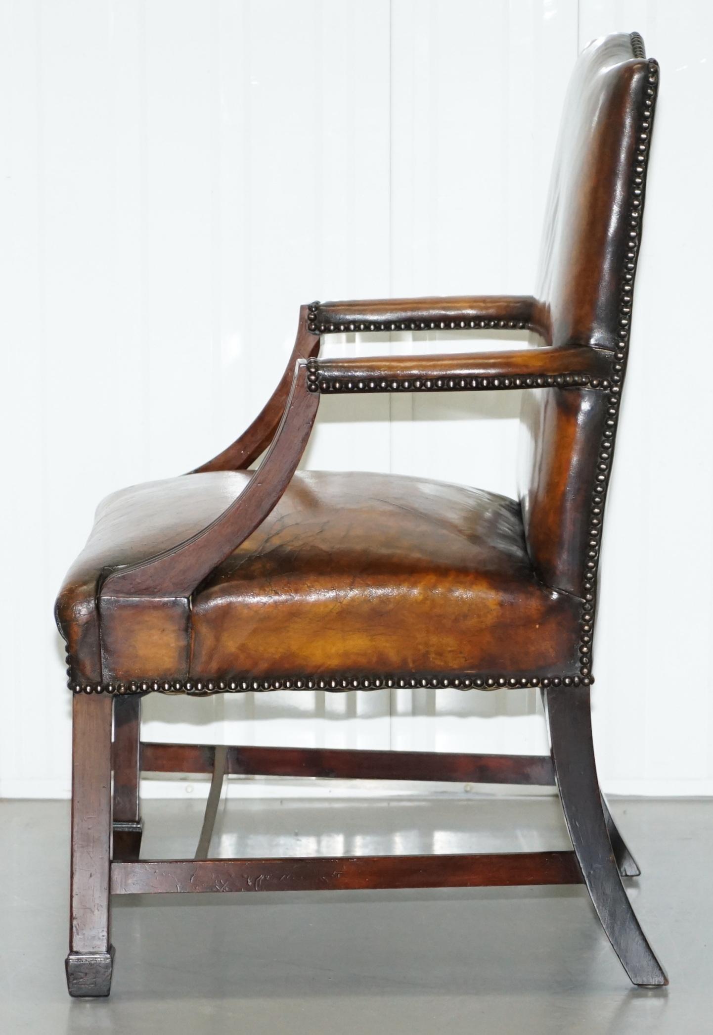 Restored Aged Brown Leather Thomas Chippendale Gainsborough Carver Armchair 14