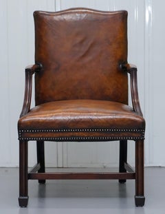 Restored Aged Brown Leather Thomas Chippendale Gainsborough Carver Armchair