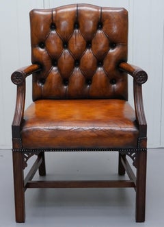 Restored Aged Brown Leather Thomas Chippendale Gainsborough Carver Armchair