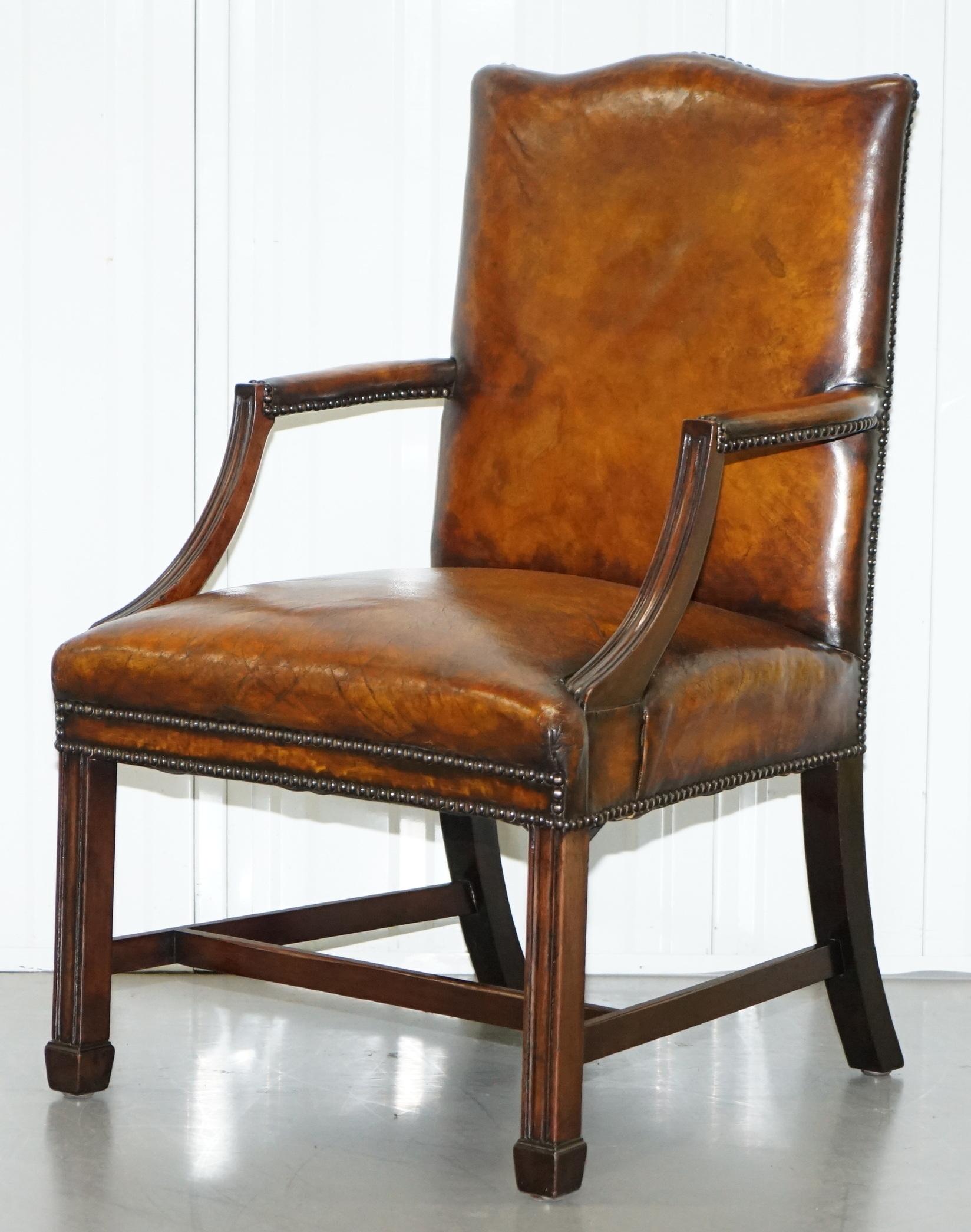 English Restored Aged Brown Leather Thomas Chippendale Gainsborough Carver Armchair