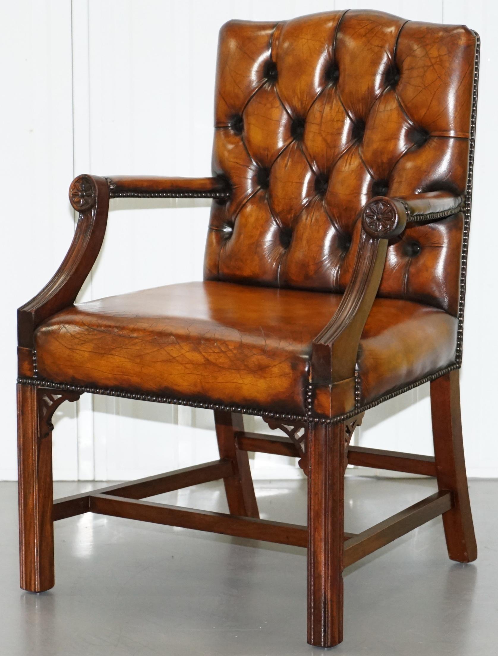 English Restored Aged Brown Leather Thomas Chippendale Gainsborough Carver Armchair