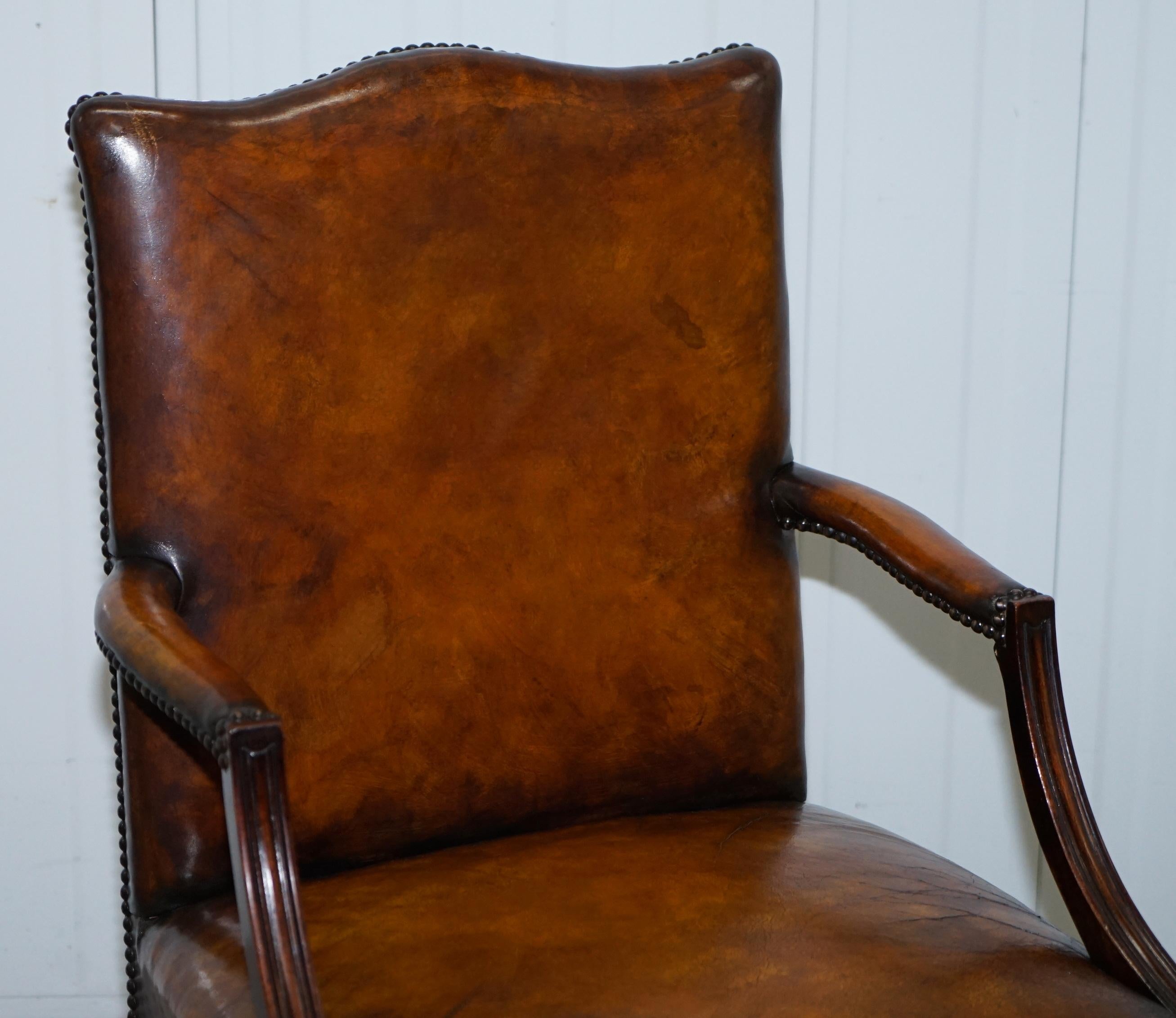 Hand-Crafted Restored Aged Brown Leather Thomas Chippendale Gainsborough Carver Armchair