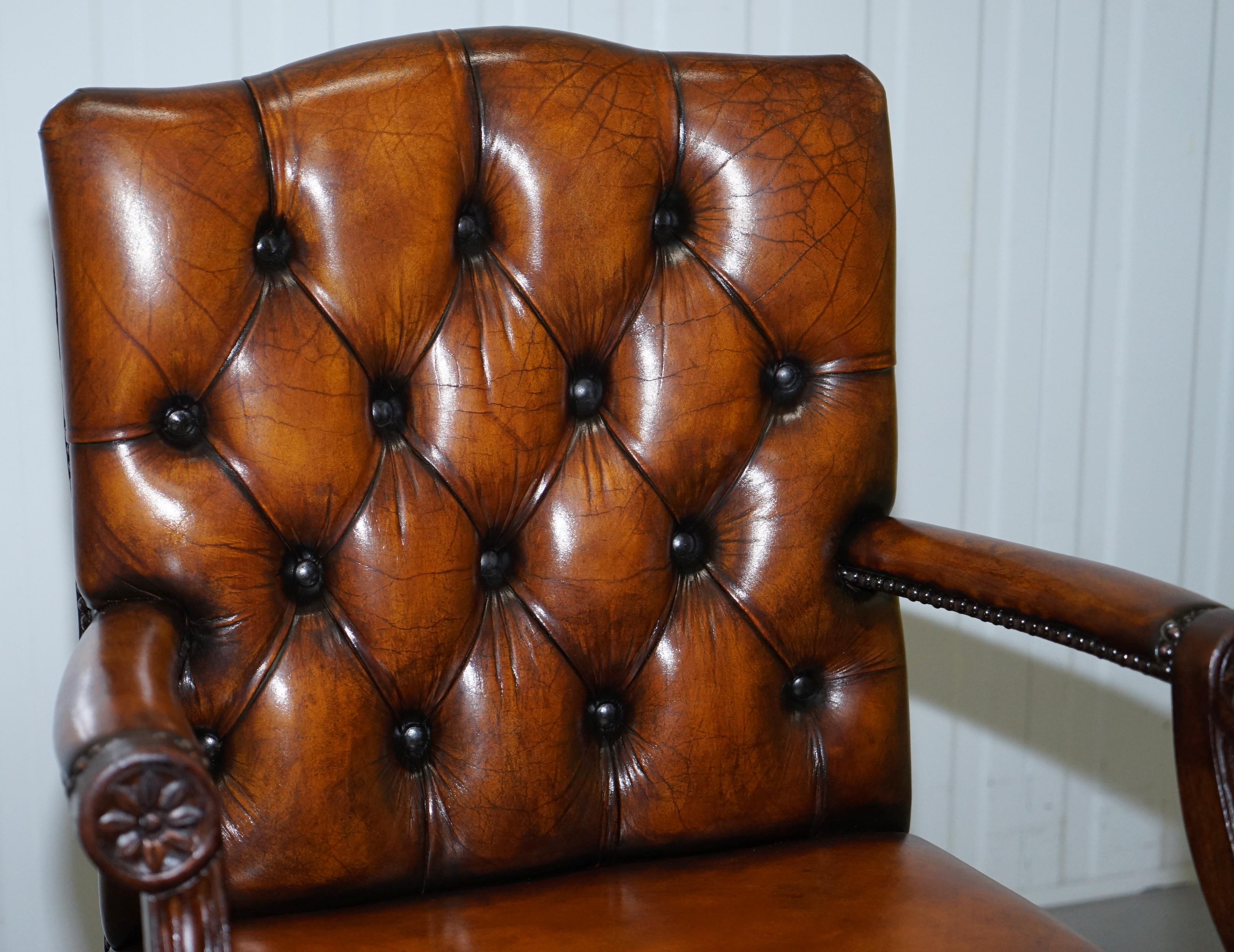 Hand-Crafted Restored Aged Brown Leather Thomas Chippendale Gainsborough Carver Armchair