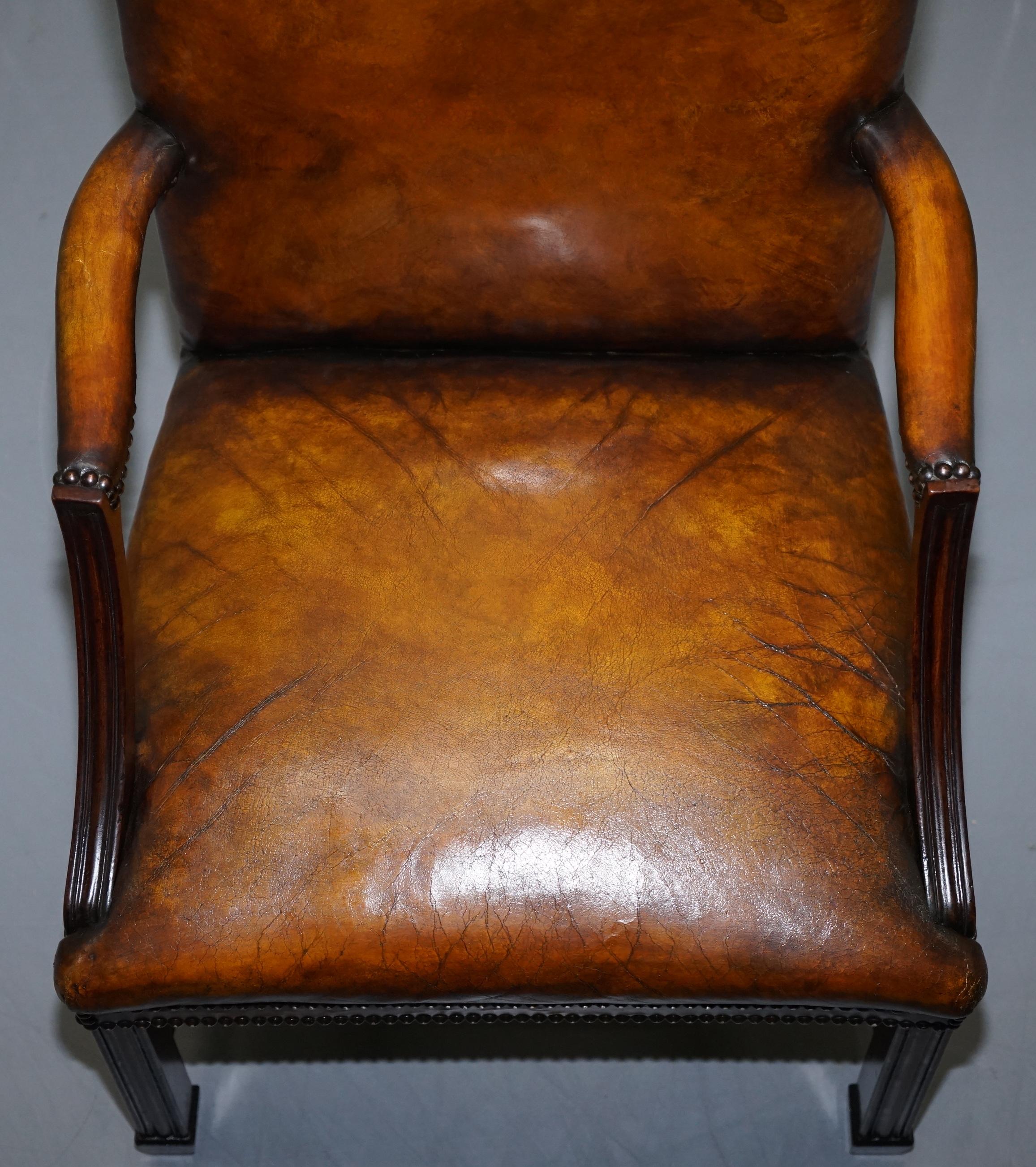 20th Century Restored Aged Brown Leather Thomas Chippendale Gainsborough Carver Armchair