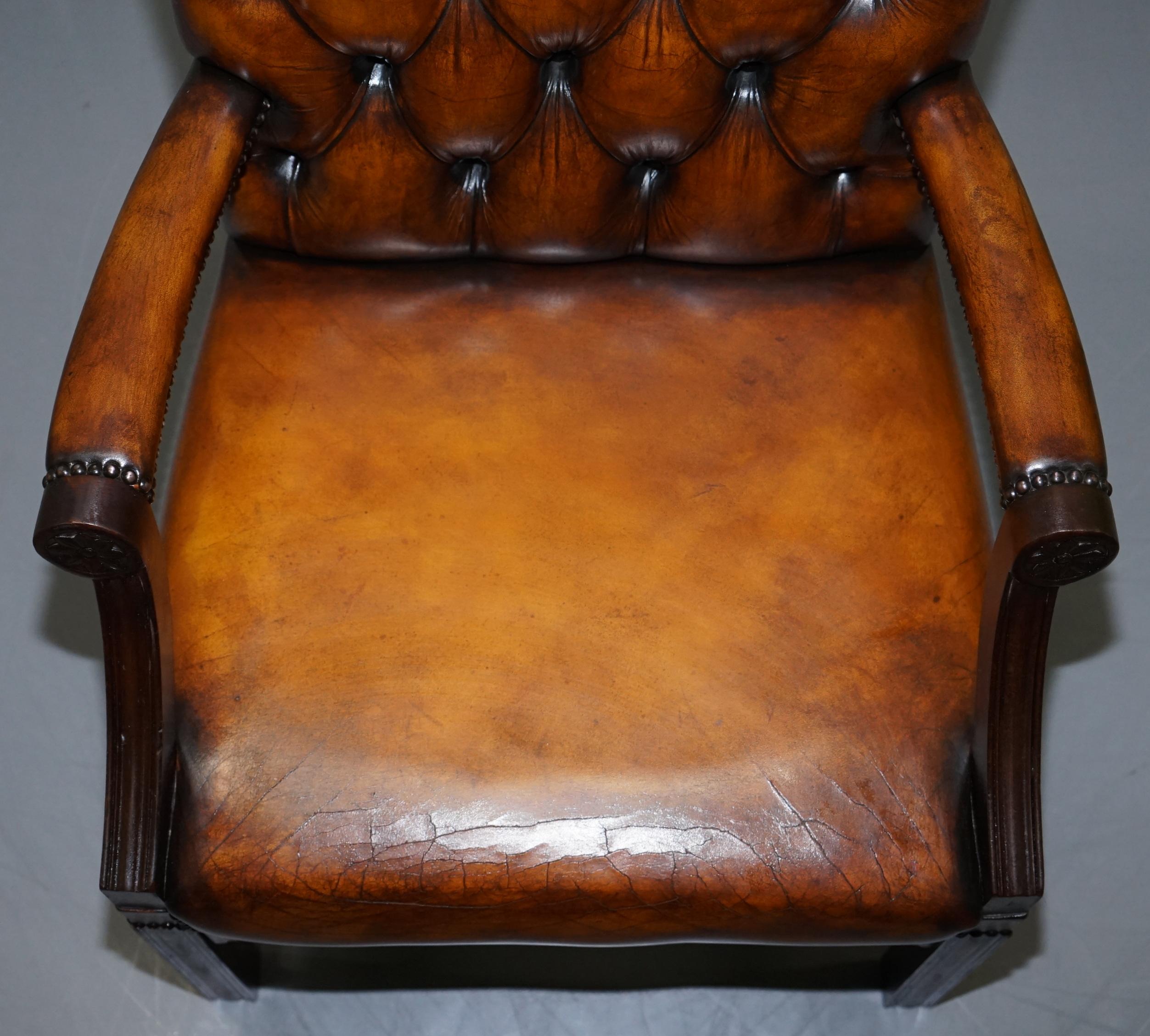 Restored Aged Brown Leather Thomas Chippendale Gainsborough Carver Armchair 1