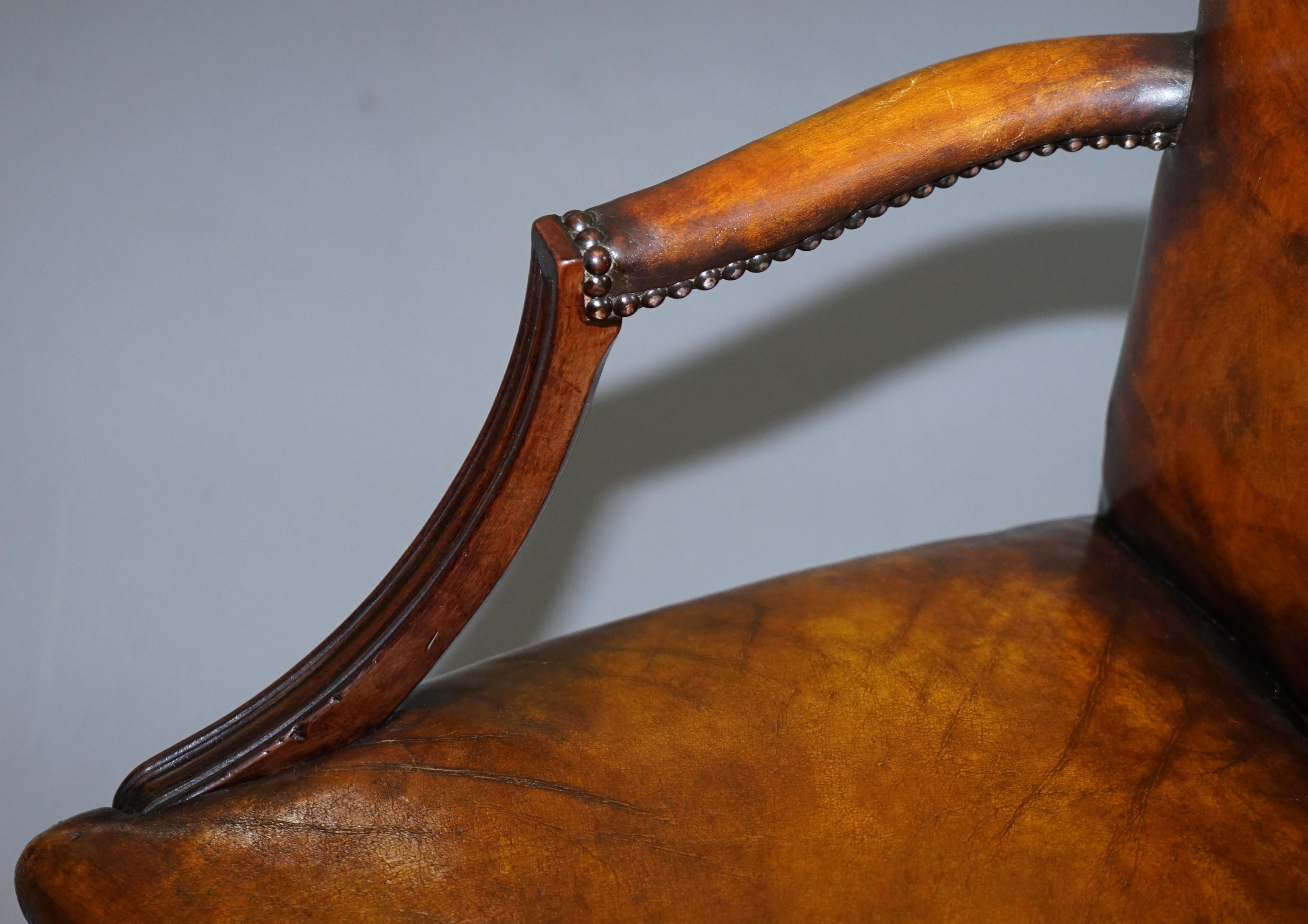 Restored Aged Brown Leather Thomas Chippendale Gainsborough Carver Armchair 2