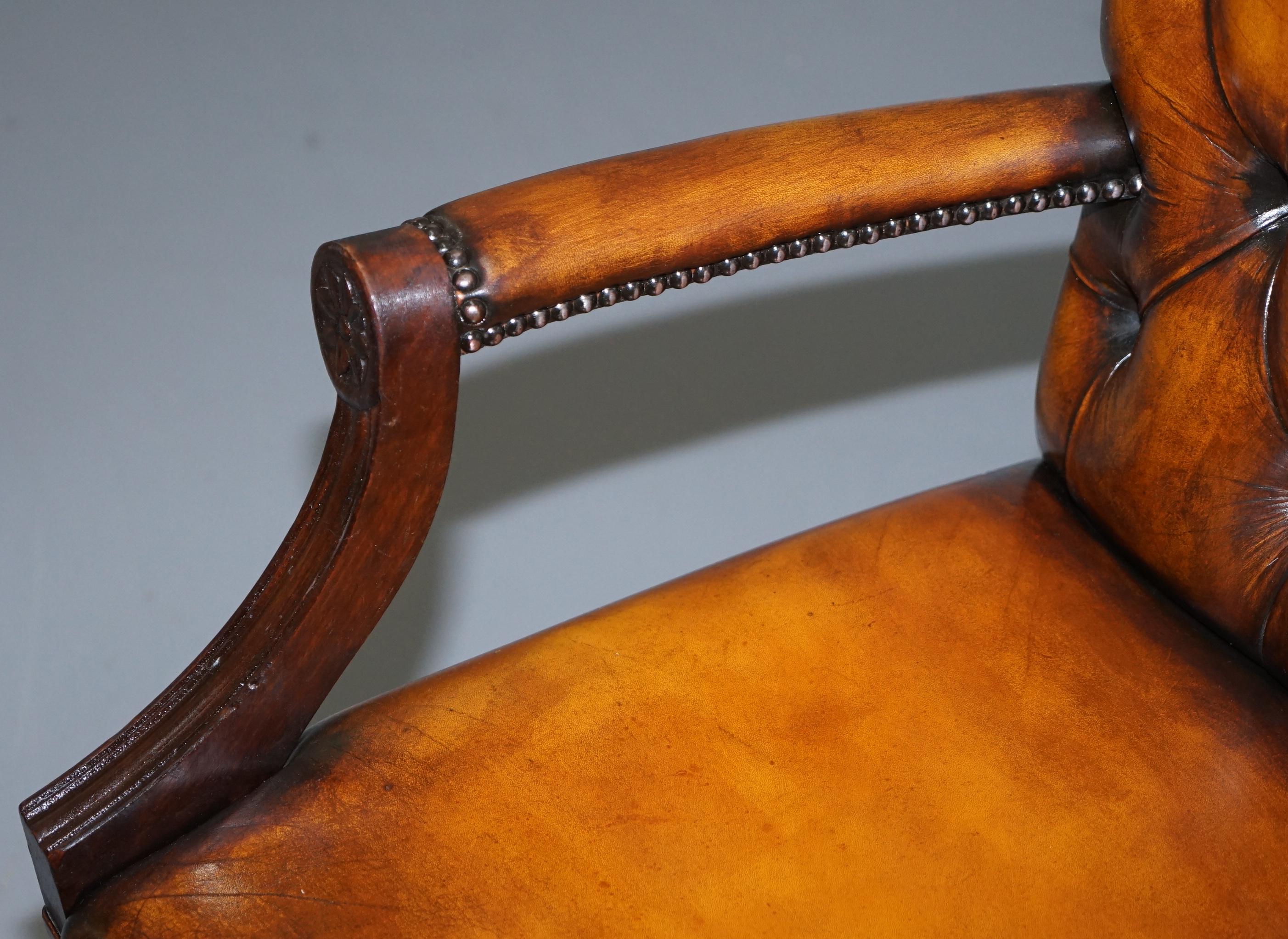 Restored Aged Brown Leather Thomas Chippendale Gainsborough Carver Armchair 3