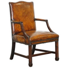 Restored Aged Brown Leather Thomas Chippendale Gainsborough Carver Armchair