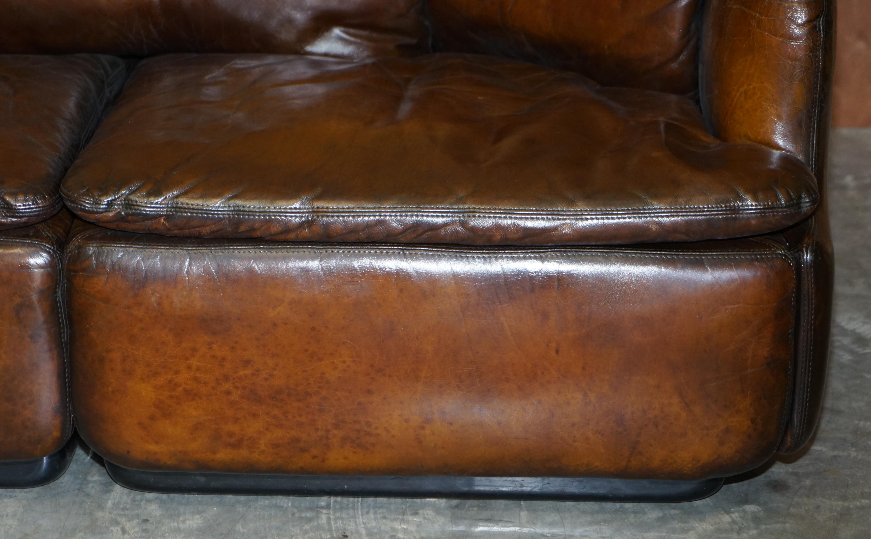 Restored Alberto Rosselli 1970's Cigar Brown Leather Saporiti Confidential Sofa 5