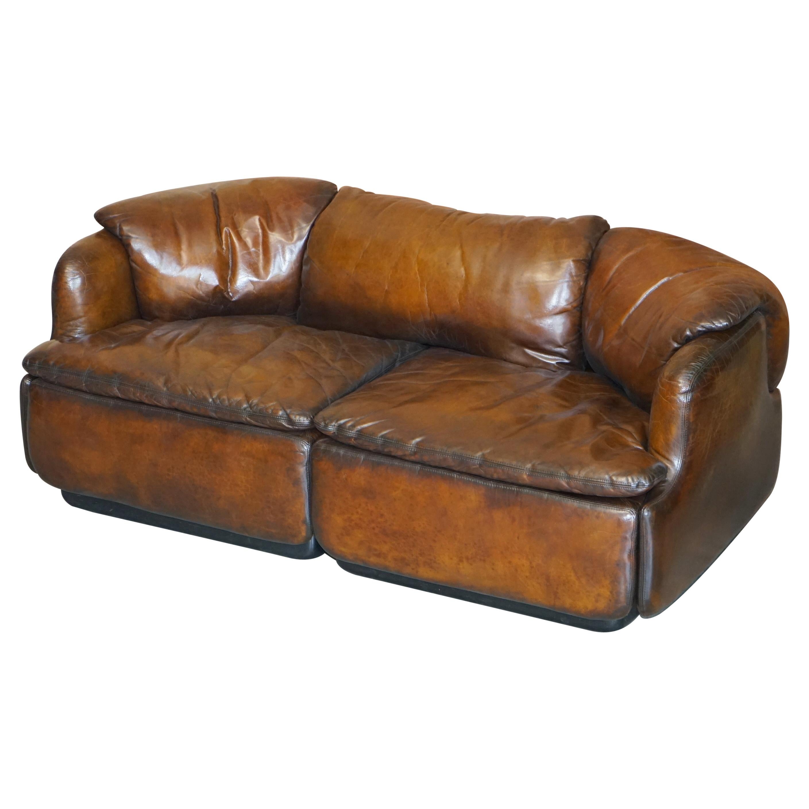 Restored Alberto Rosselli 1970's Cigar Brown Leather Saporiti Confidential Sofa