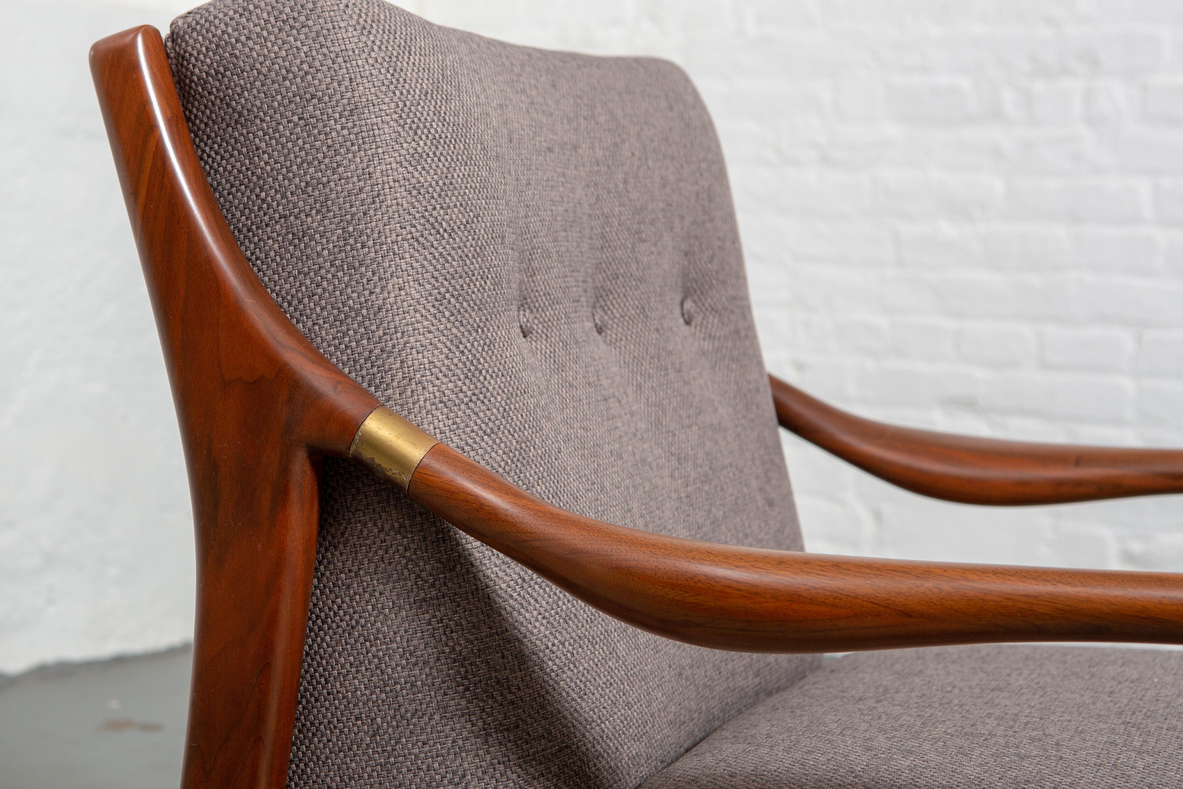 Walnut Restored American Midcentury Armchair with Brass Accents