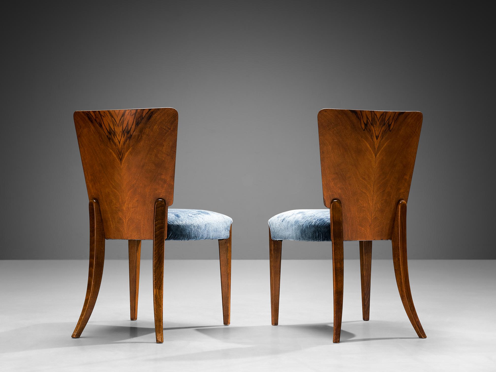 Czech Restored and Reupholstered Set of Six Art Deco Chairs in Walnut and Blue Velvet For Sale