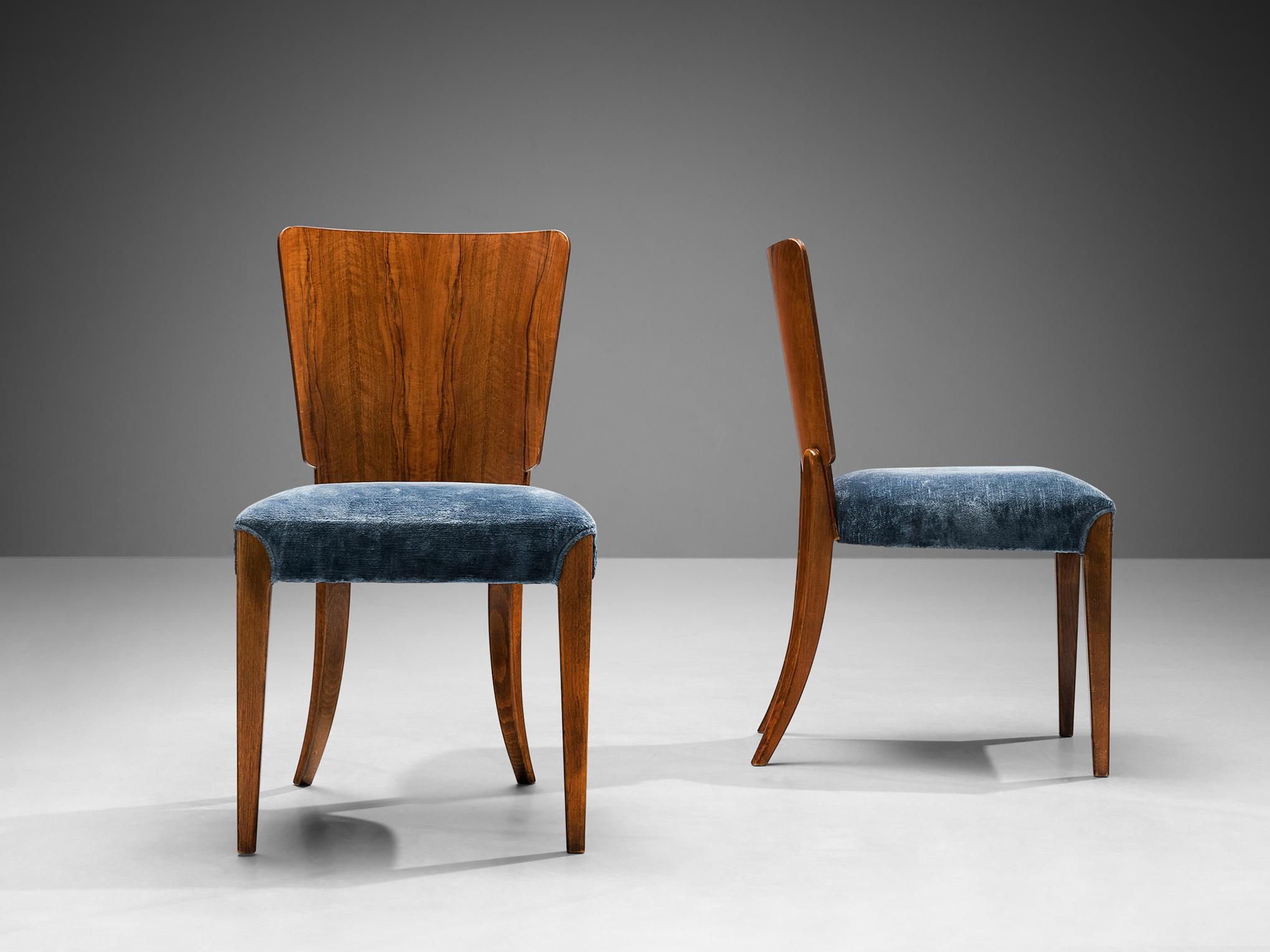 Mid-20th Century Restored and Reupholstered Set of Six Art Deco Chairs in Walnut and Blue Velvet For Sale